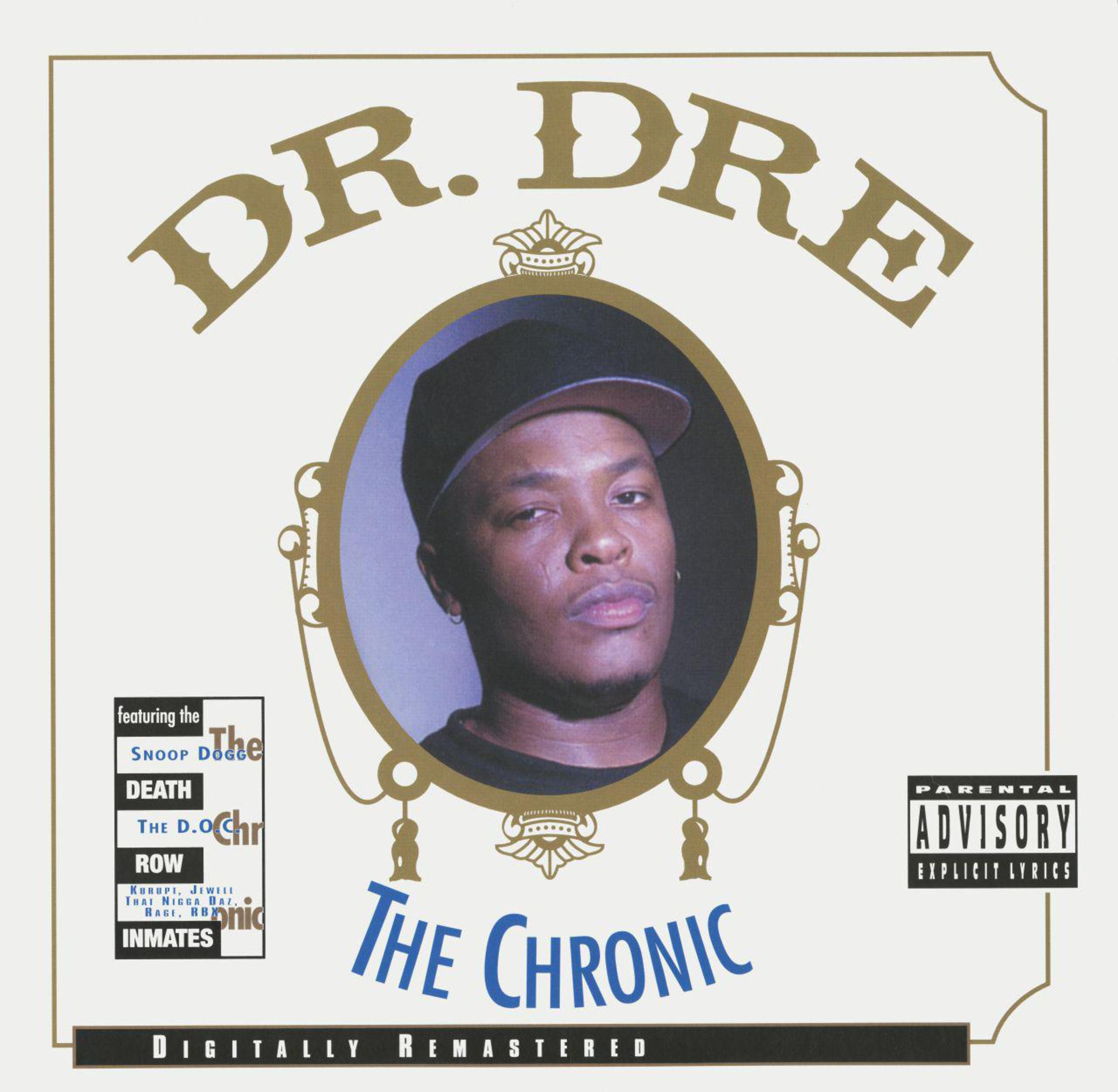 Copertina dell'album con Dr. Dre. Un ritratto di Dr. Dre con titolo dell'album e avvertimento.