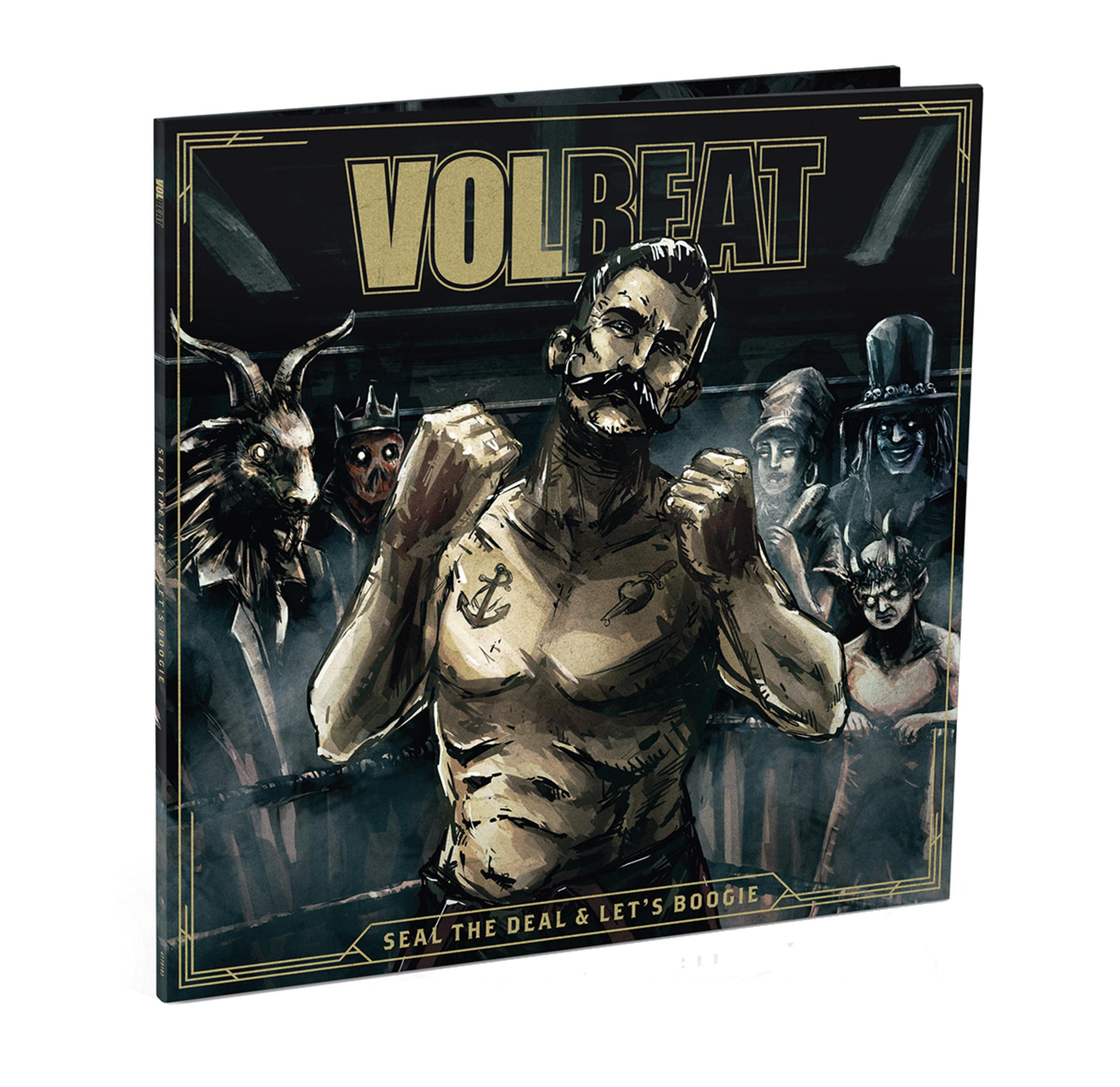 Volbeat albumhoes. Man in boks-houding met tatoeages, omringd door figuren, in boksring.