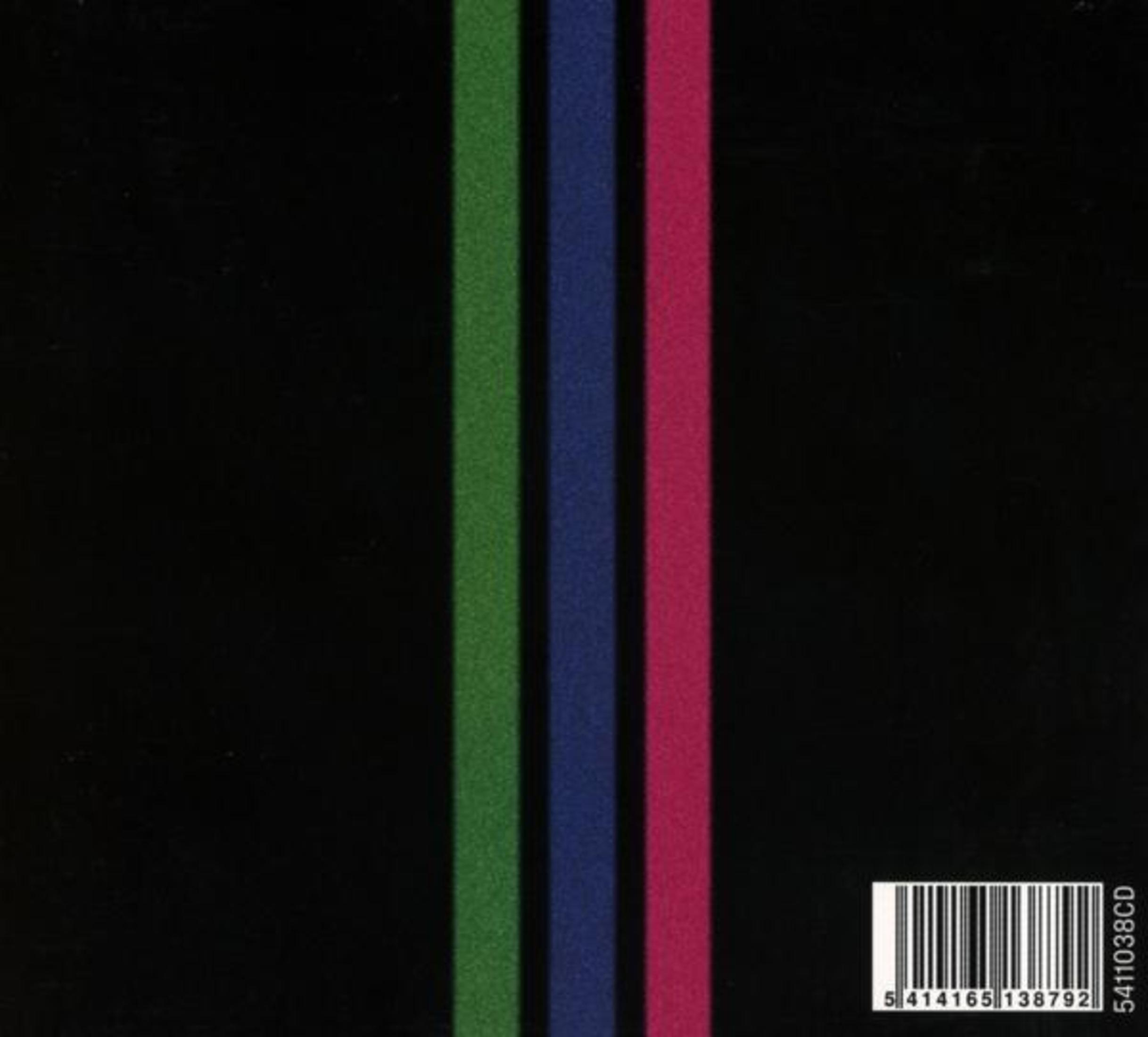 Een zwarte albumhoes met drie gekleurde verticale strepen.
