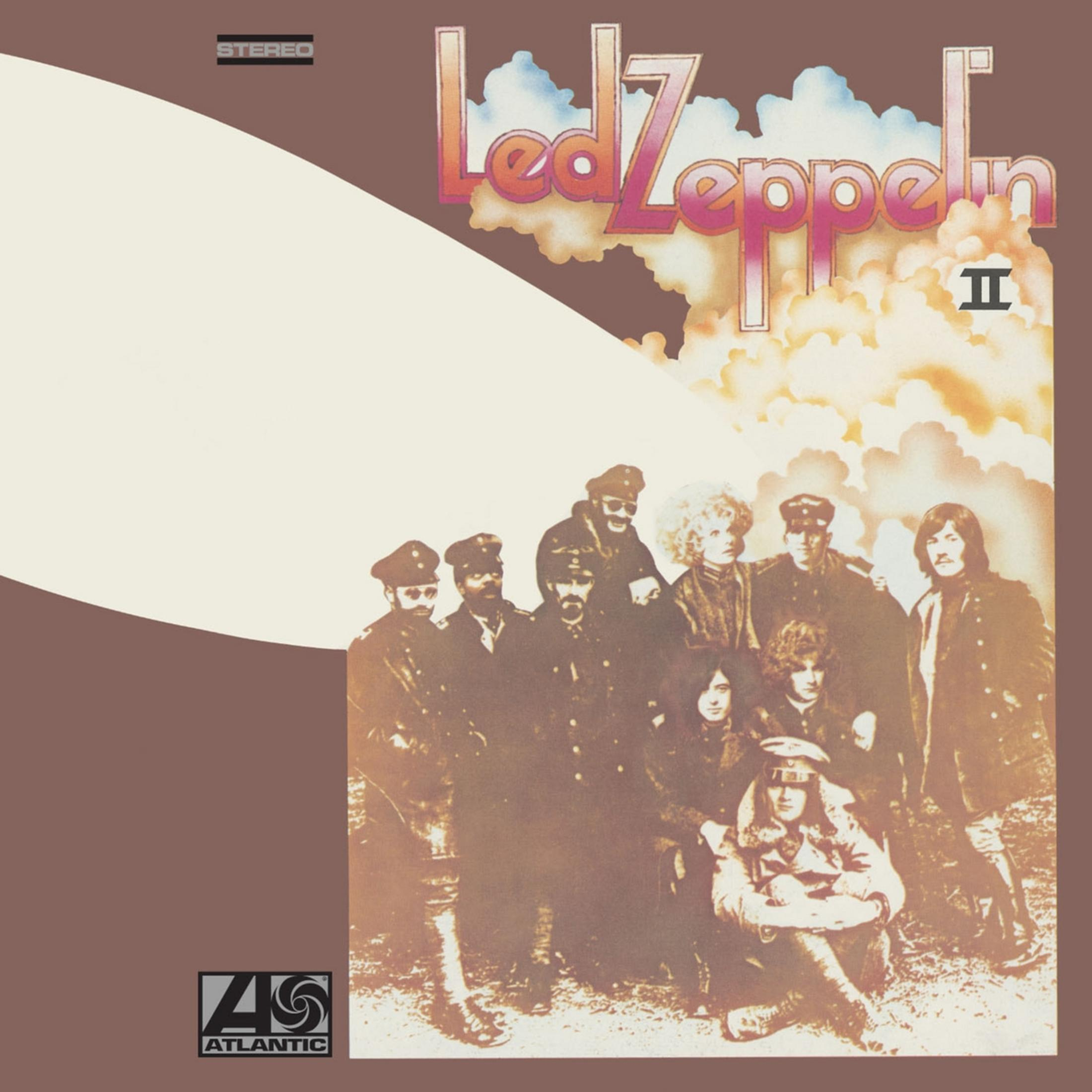 Copertina dell'album Led Zeppelin II. Gruppo di persone in abiti scuri su uno sfondo color seppia. Spazio bianco in alto.