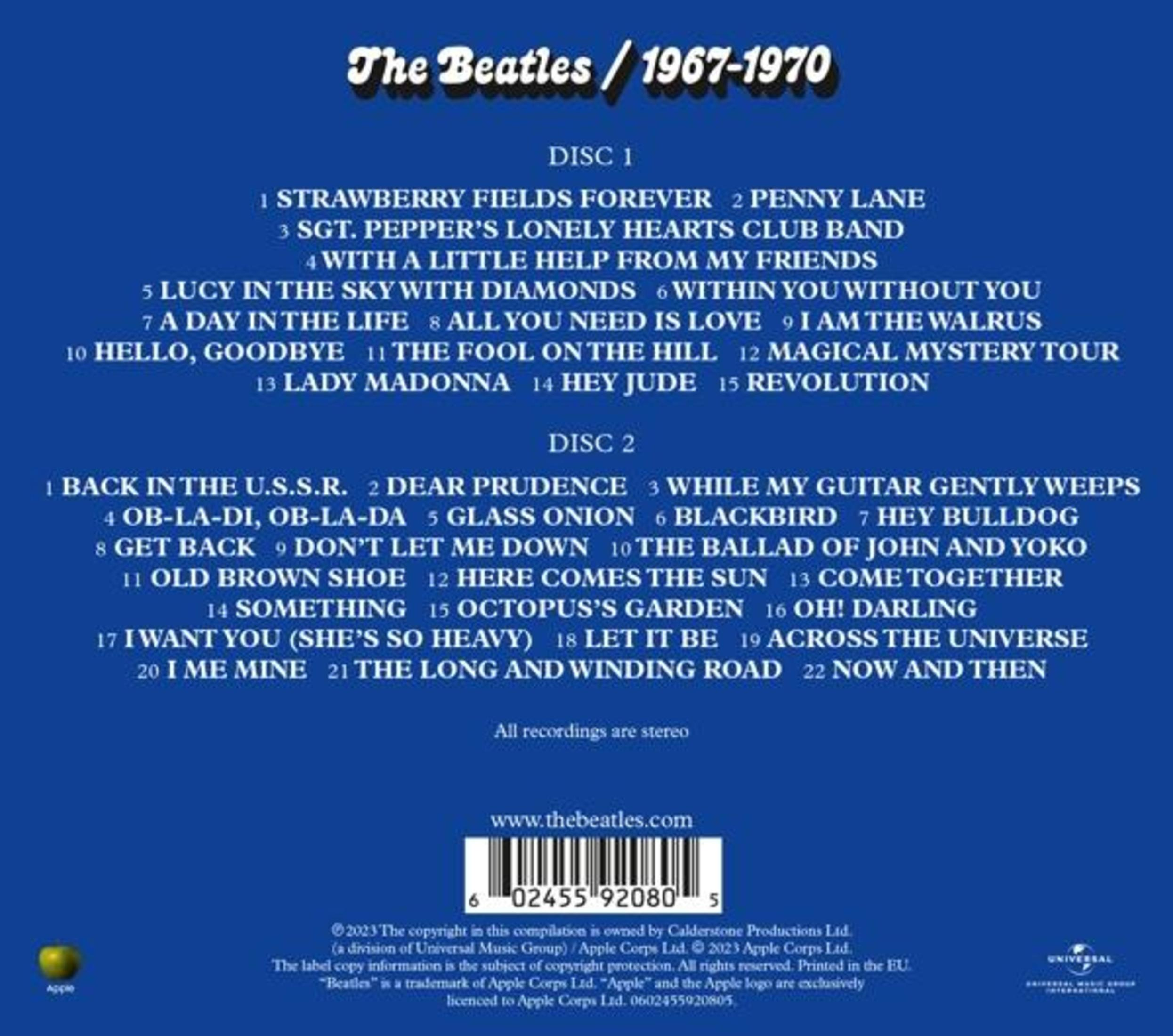 Copertina del CD con elenchi di brani dell'album The Beatles 1967-1970. Sfondo blu con testo bianco.