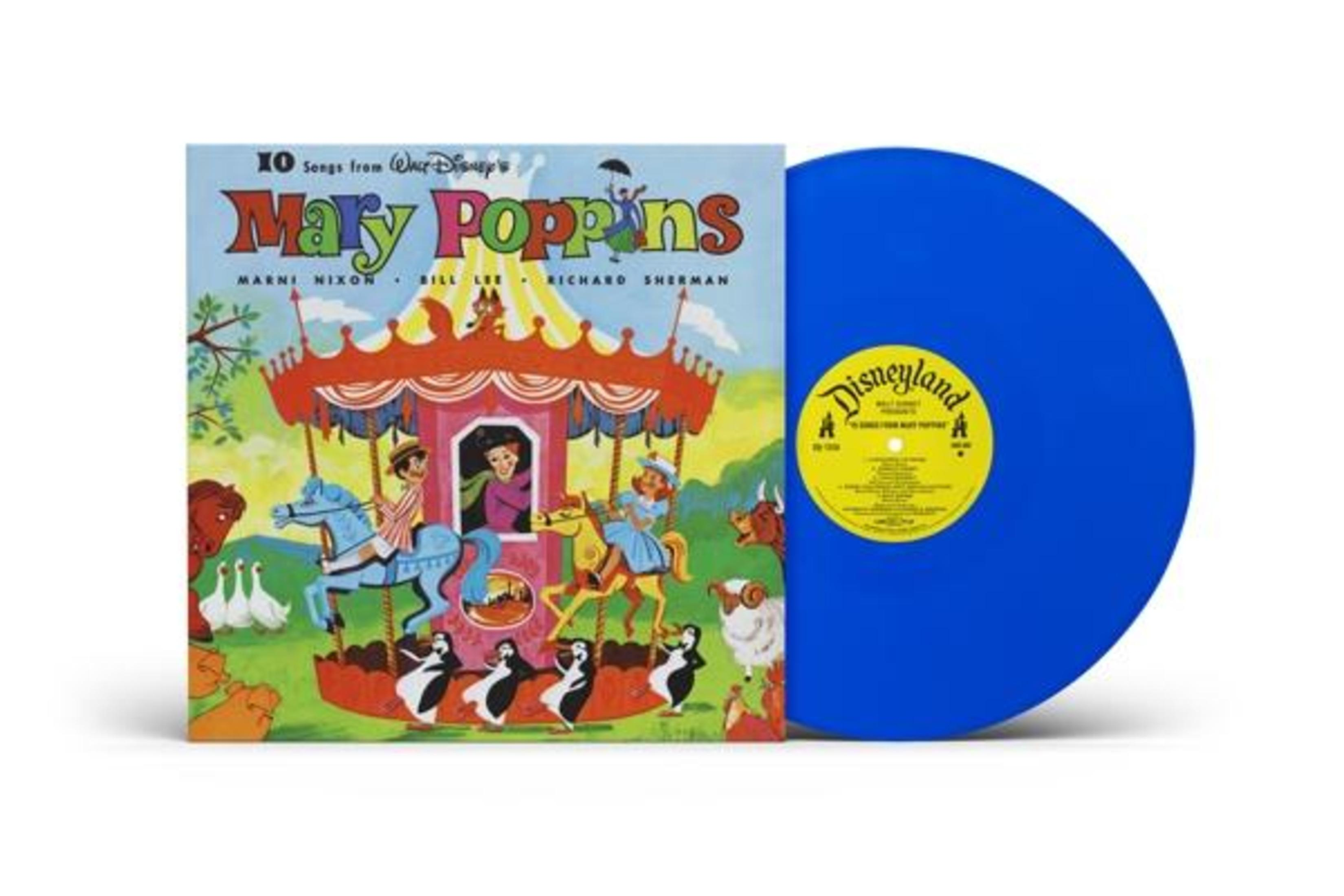 Portada del álbum y un disco de vinilo azul. La portada tiene ilustraciones de dibujos animados y texto.