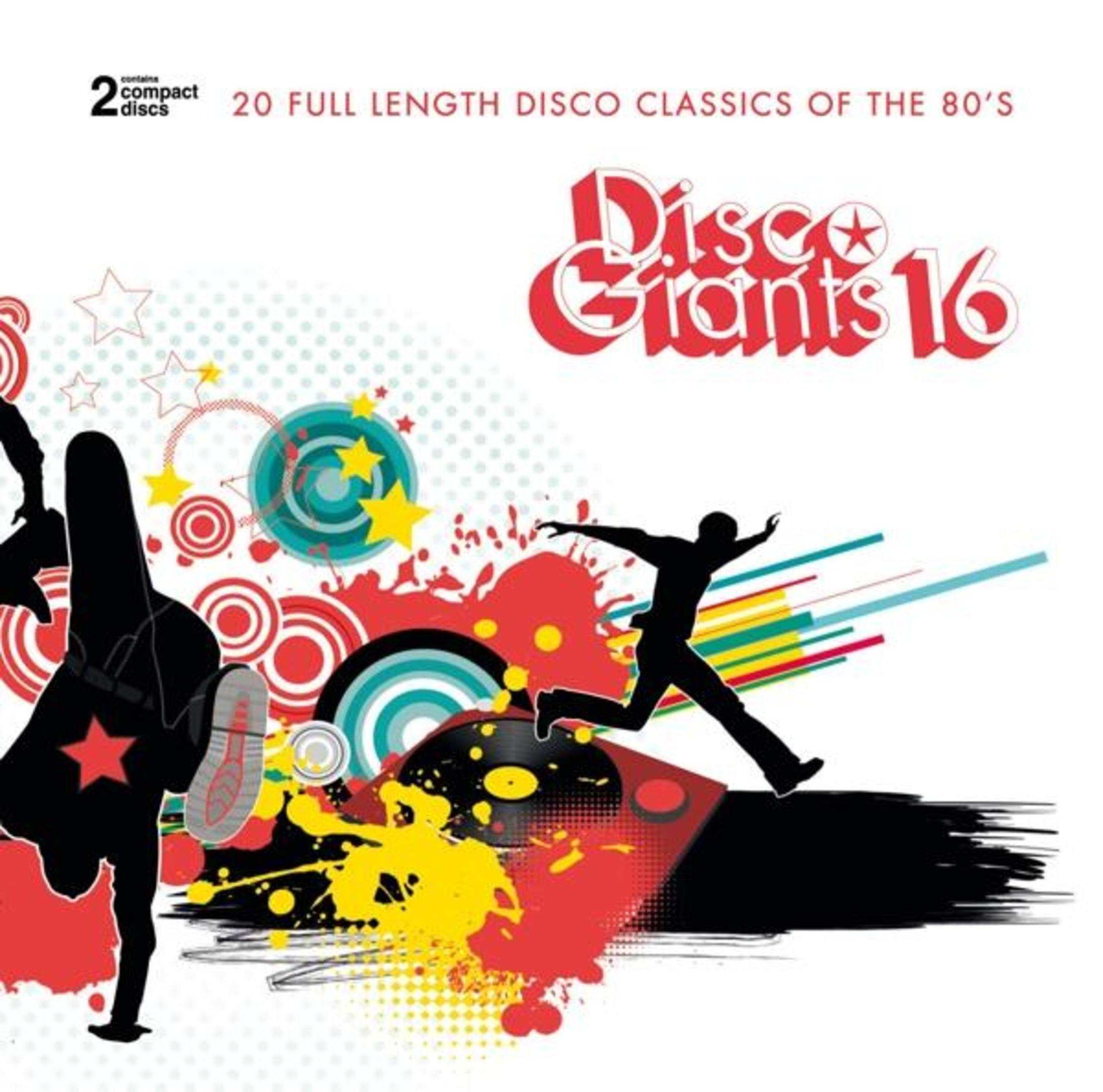 Album artwork met een rennende man en disco-thema graphics.