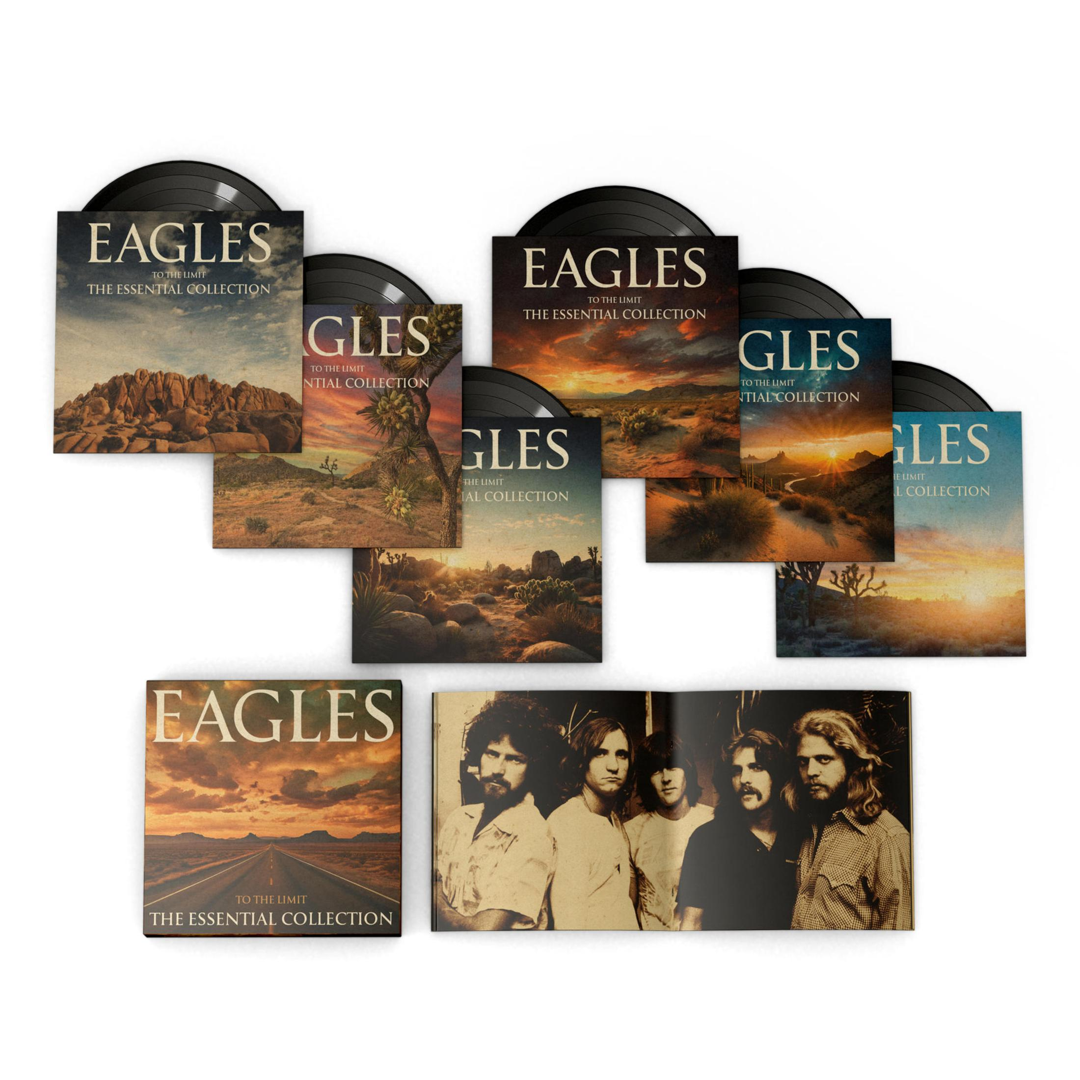Portada del álbum con múltiples portadas de álbumes y un libro. Los álbumes son para Eagles to the Limit.