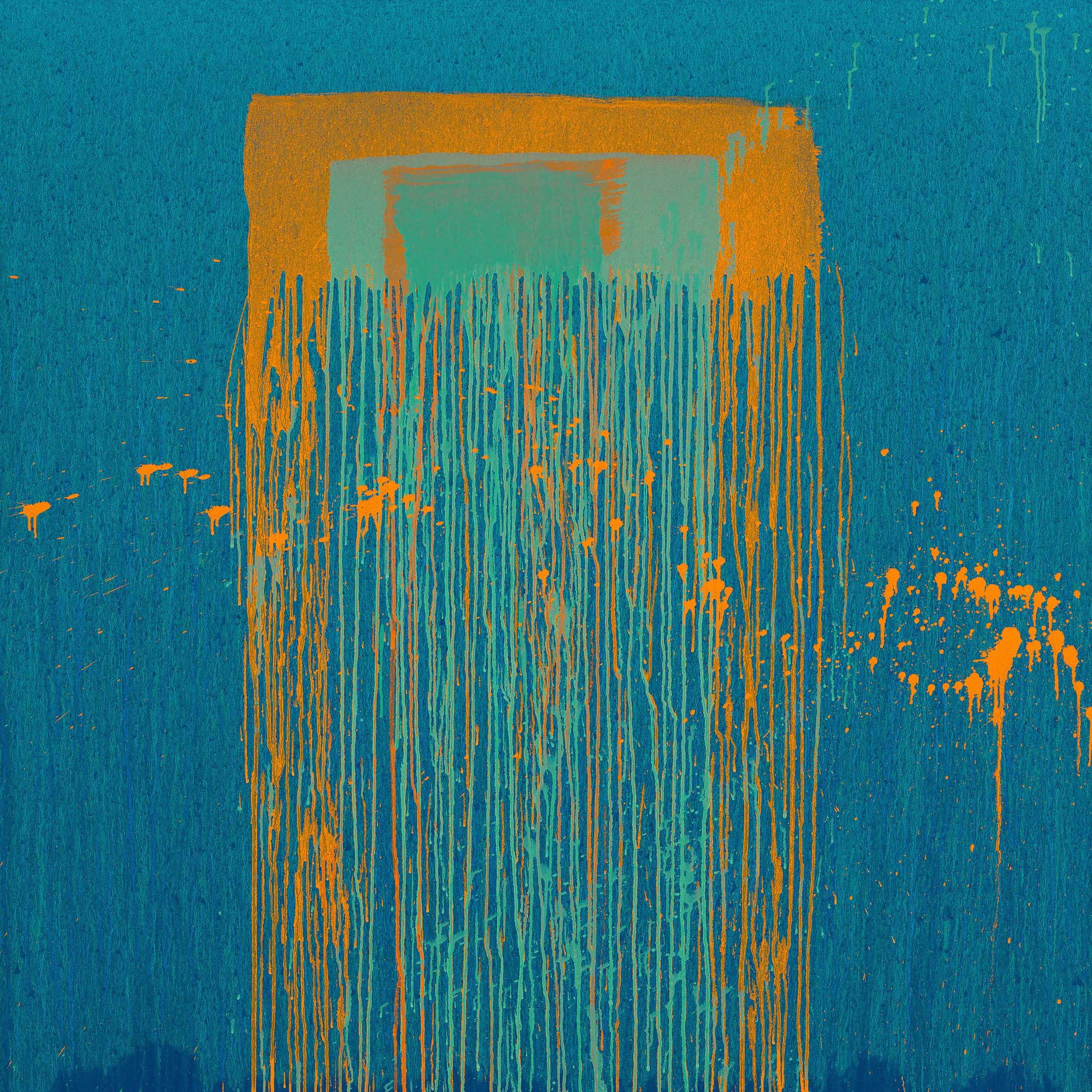 Arte astratta. Sfondo blu con gocciolamenti di colore arancione e verde e una forma rettangolare.