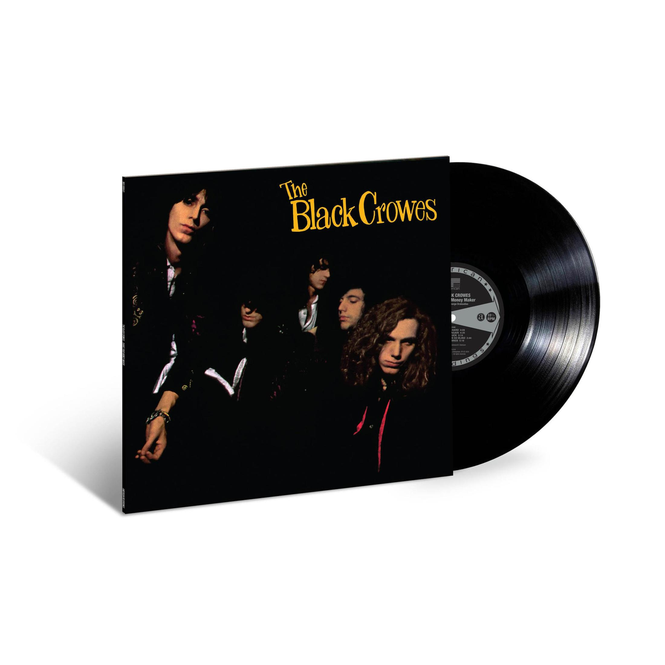 Albumhoes van The Black Crowes met bandleden. Zwarte vinylplaat is zichtbaar.