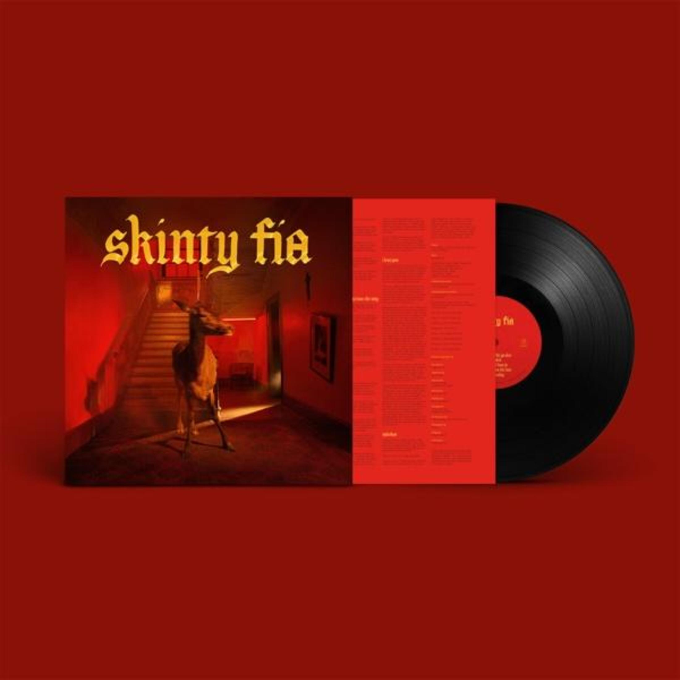 Pochette d'album avec vinyle et illustration d'album, un cerf dans un couloir. Fond rouge.