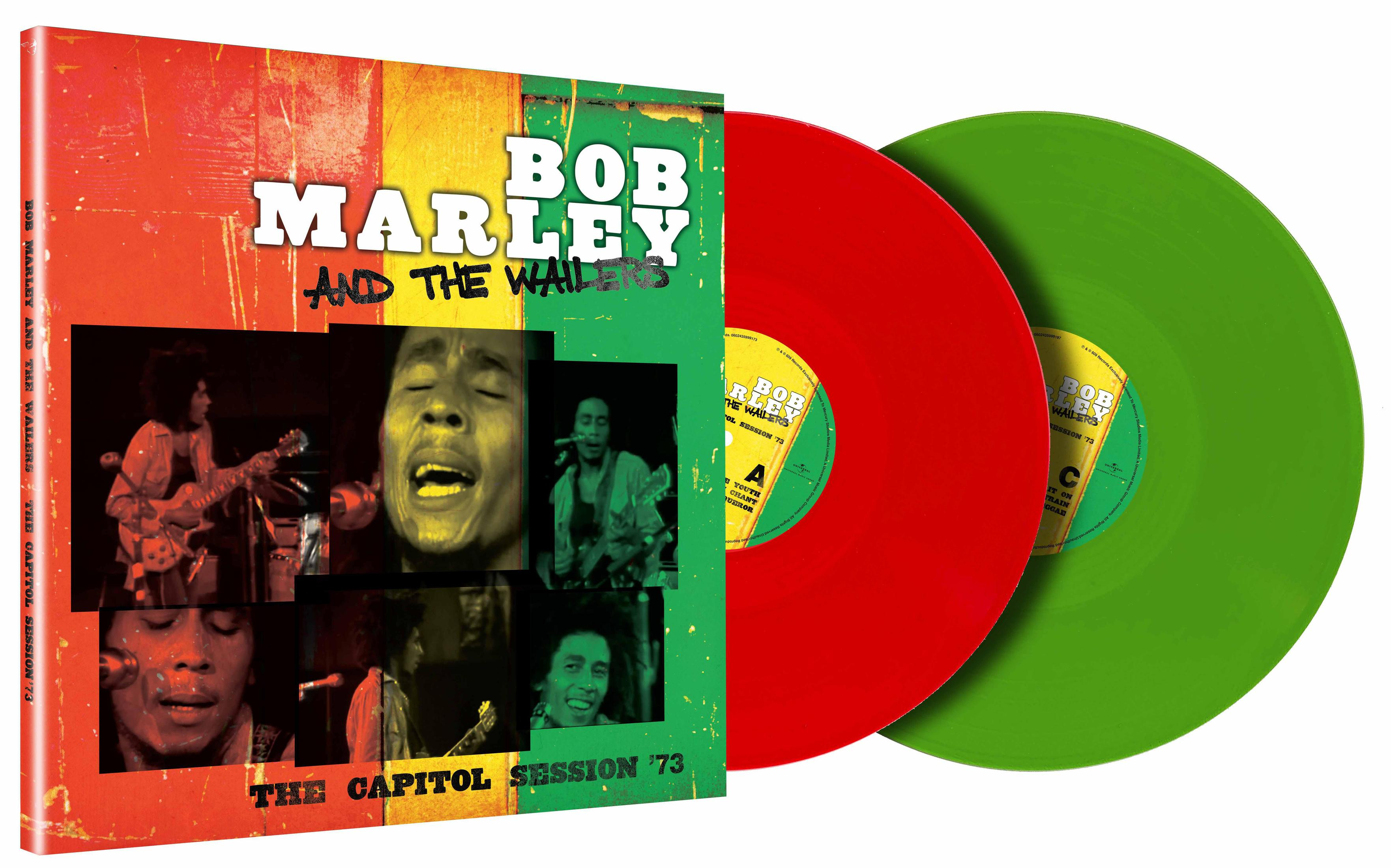 Pochette d'album avec Bob Marley and the Wailers. Disques vinyles rouges et verts visibles. L'album s'intitule 'The Capitol Session '73'.