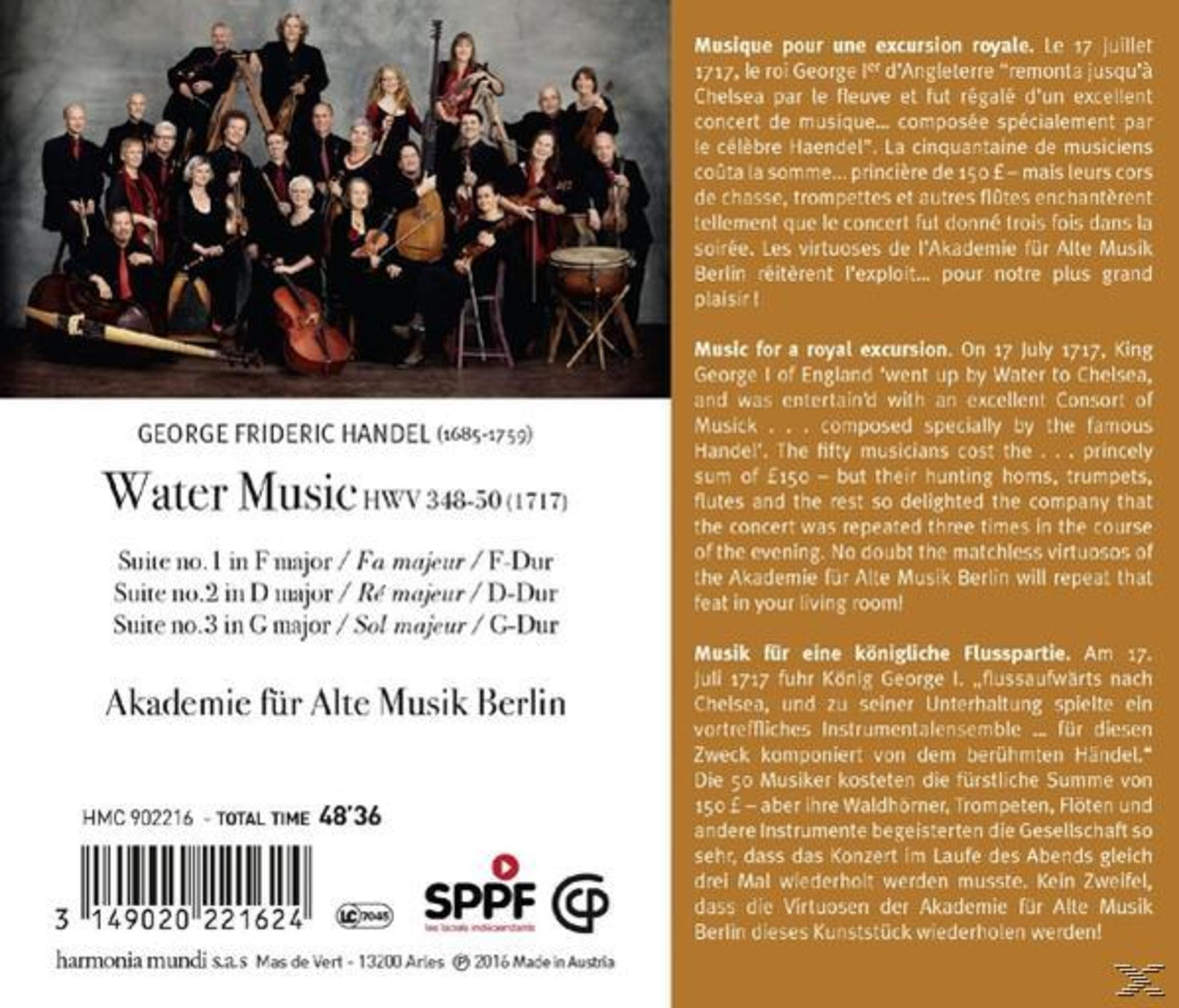Copertina dell'album con testo e un'orchestra. Il testo descrive un concerto nel 1717 dell'Akademie für Alte Musik Berlin.