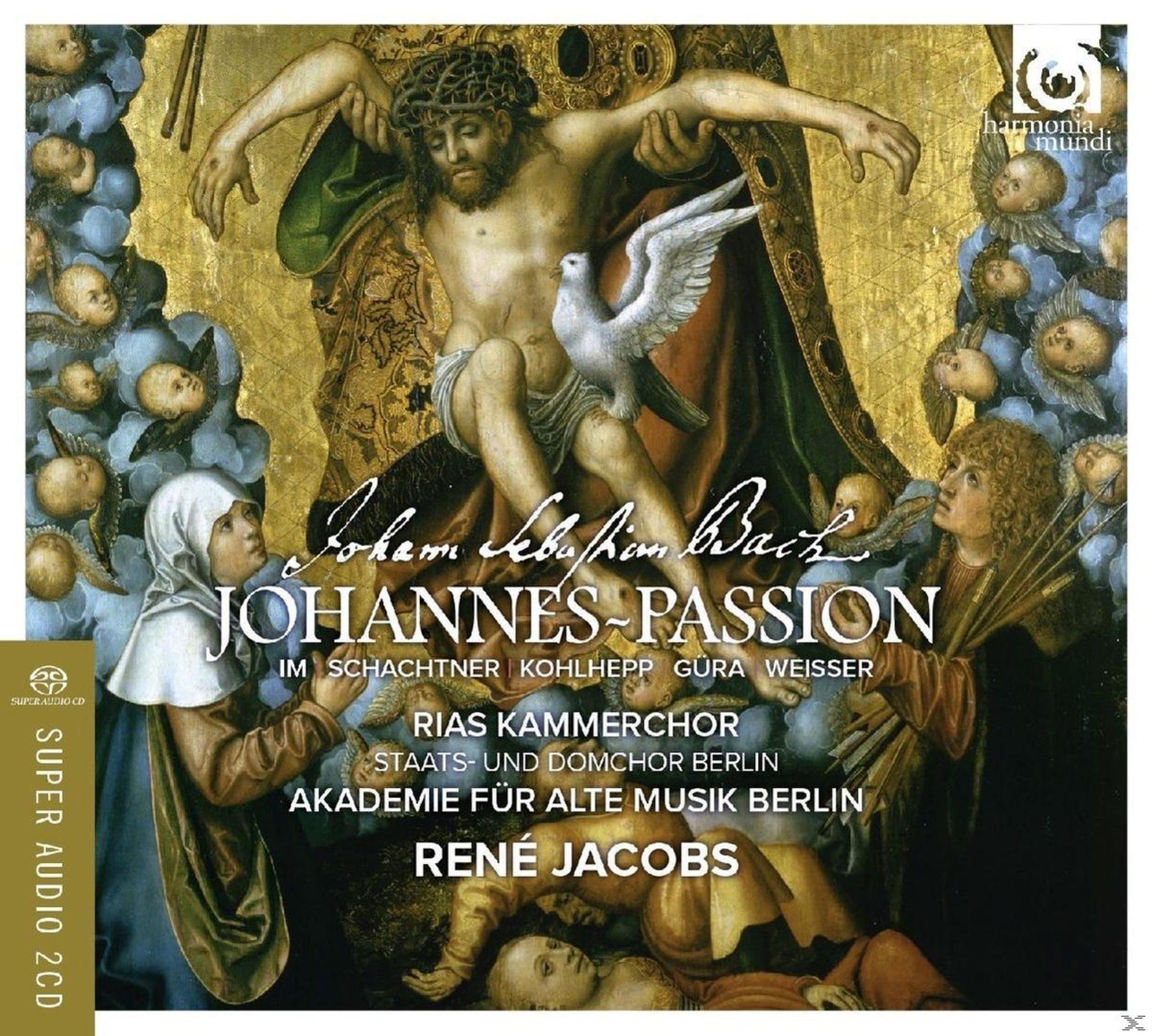 Copertina di un album con dipinto religioso; Gesù, colomba, figure, scritta.