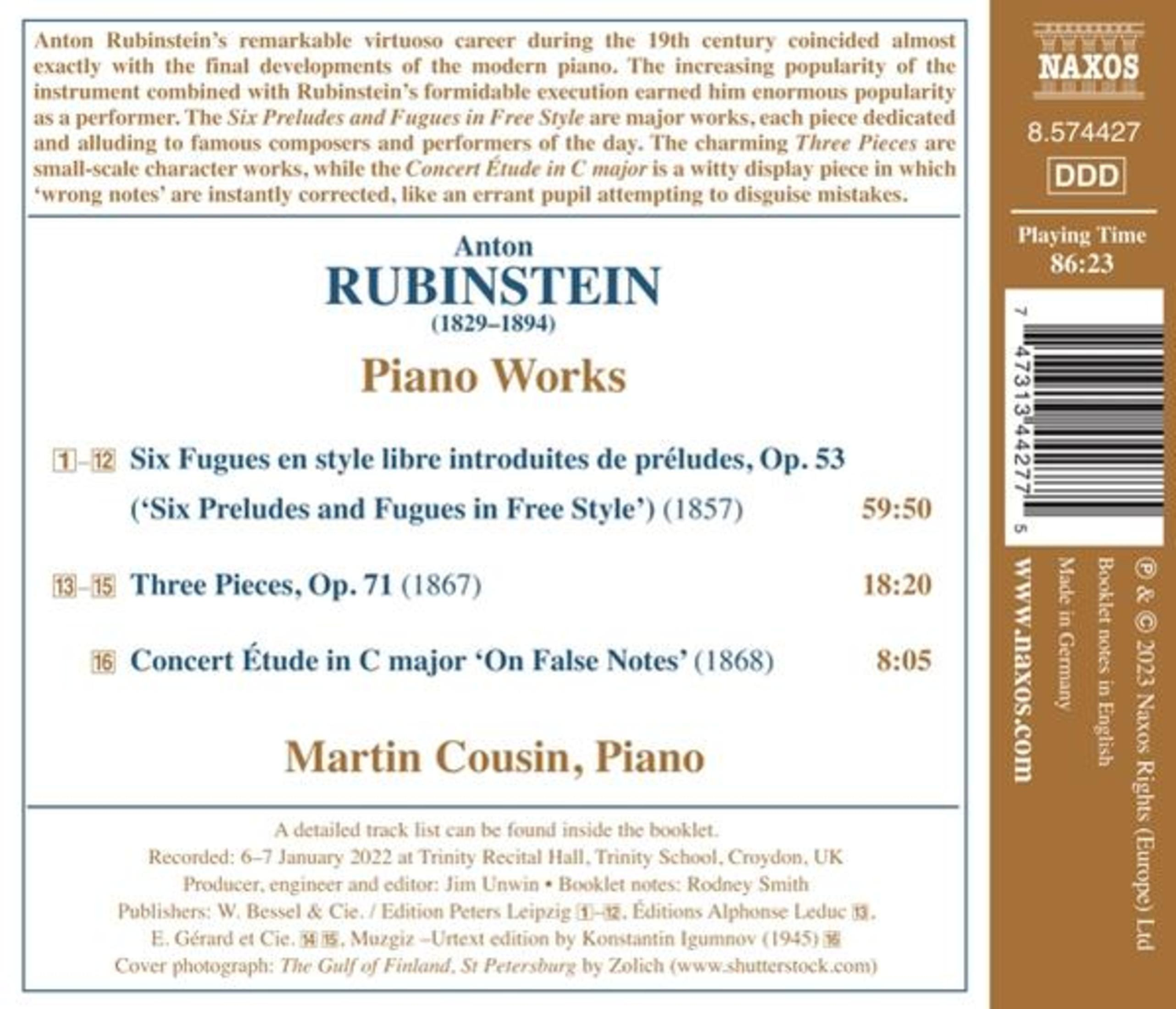Copertina dell'album con il testo "Anton Rubinstein Piano Works", un elenco di brani musicali e dettagli sul disco.