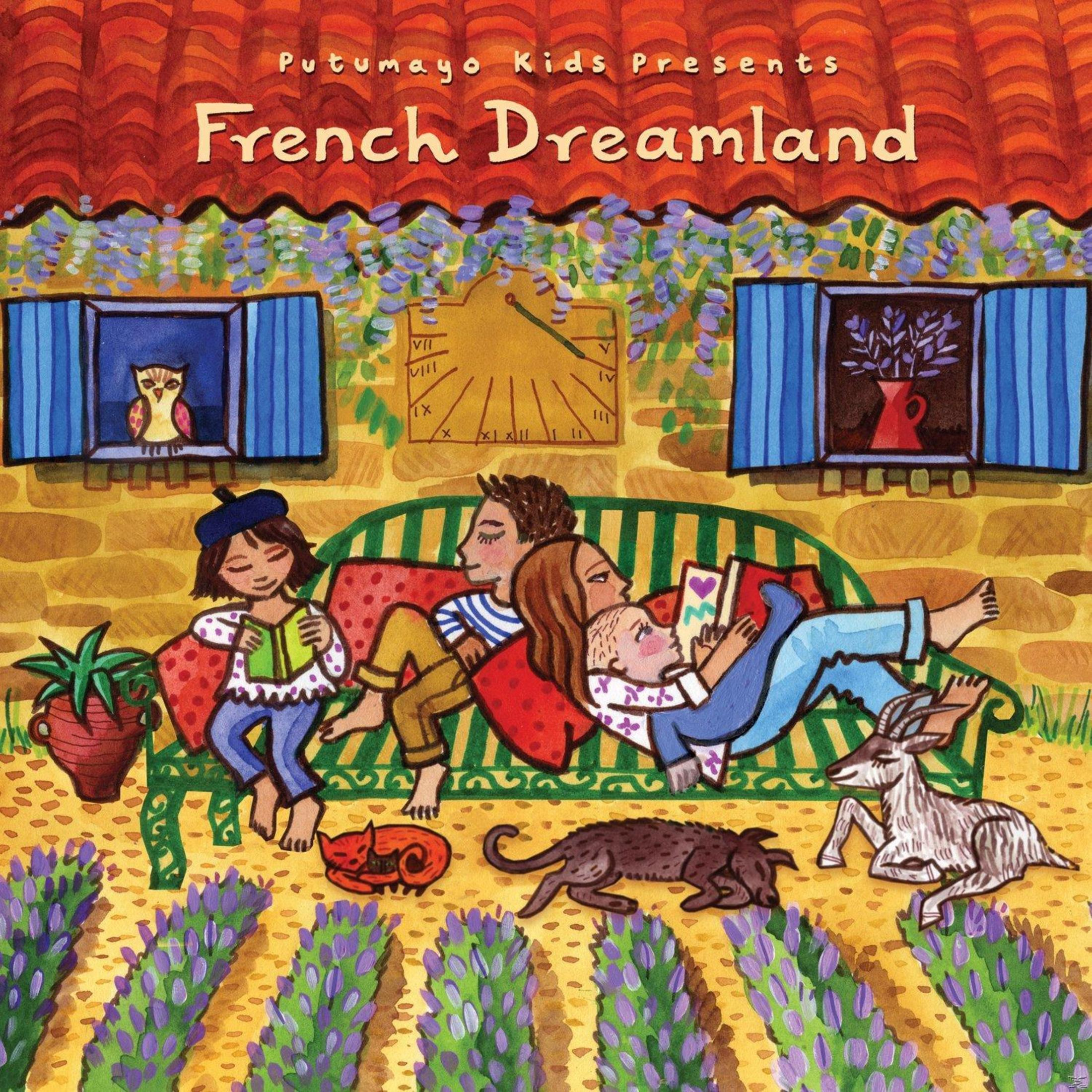Pochette d'album avec une famille sur un banc, avec des animaux et une maison en arrière-plan.