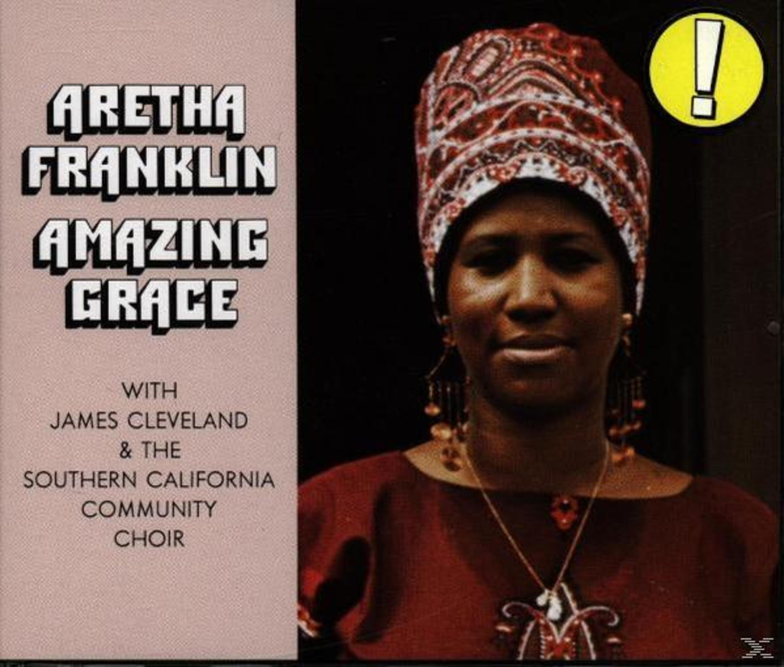Albumhoes voor Aretha Franklin 'Amazing Grace'. Portret van Aretha Franklin, tekst en een geel uitroepteken.