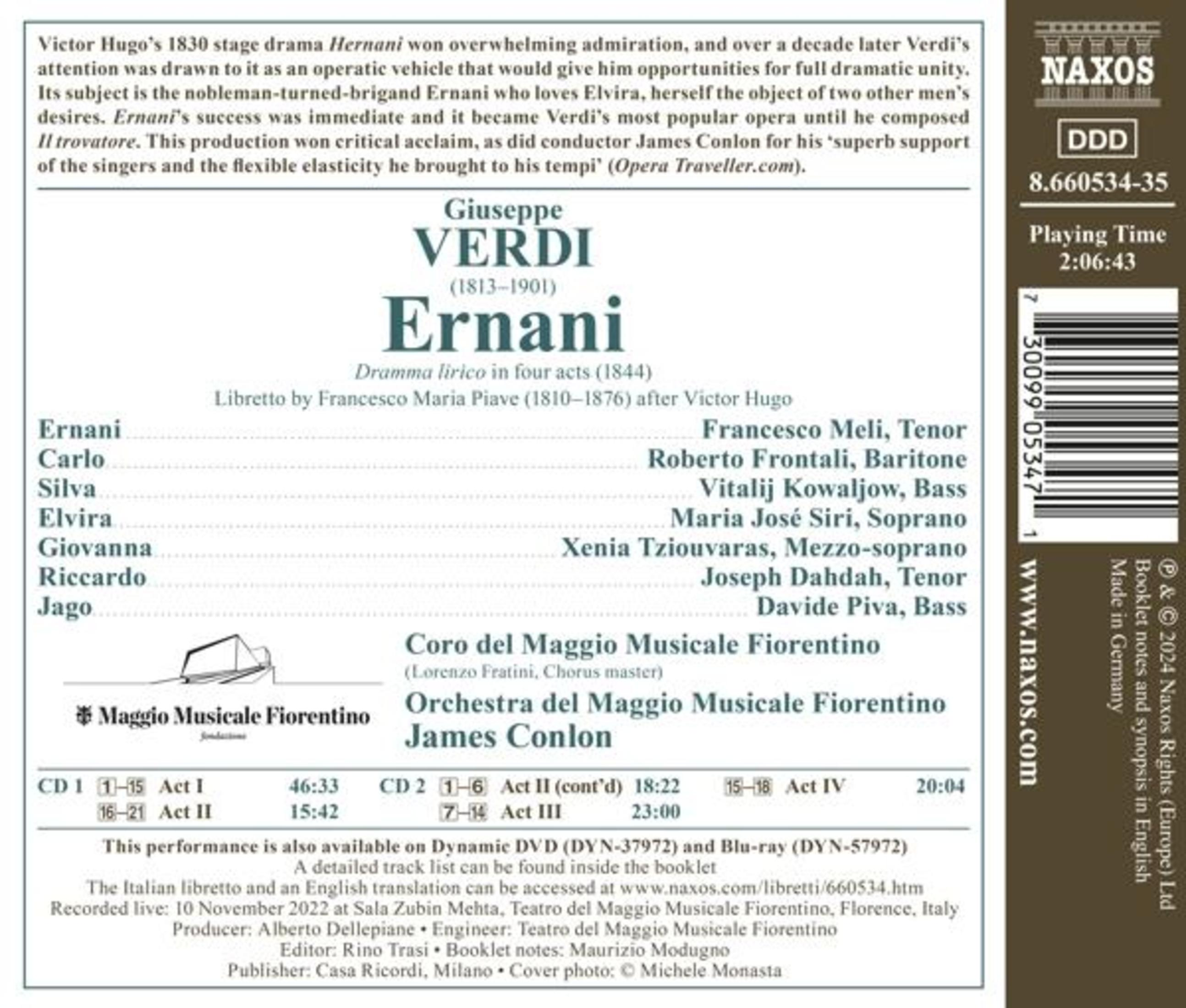 Copertina del CD con testo sull'opera 'Ernani' di Verdi, più dettagli come 'Libretto', elenco tracce e crediti.