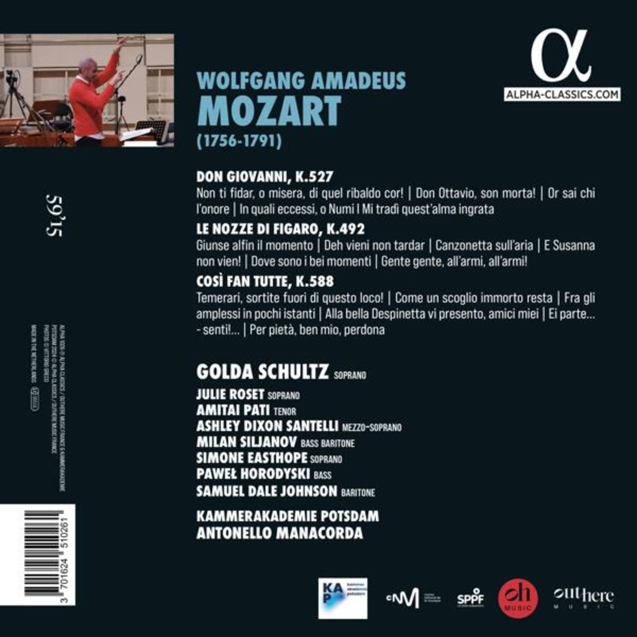 Portada del álbum de Wolfgang Amadeus Mozart. Texto y nombres en la parte posterior del álbum. Un logotipo en la parte superior derecha.