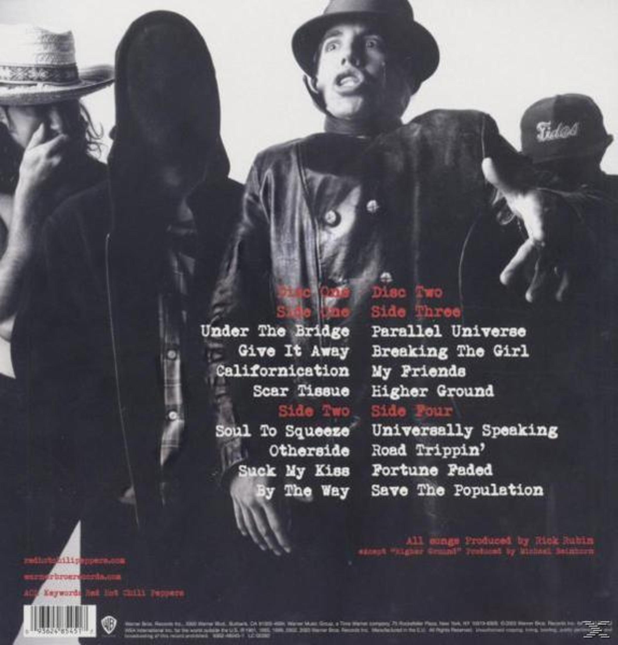 Copertina dell'album con quattro persone. Il testo 'red hot chili peppers' è presente. Sono presenti anche i titoli delle canzoni.