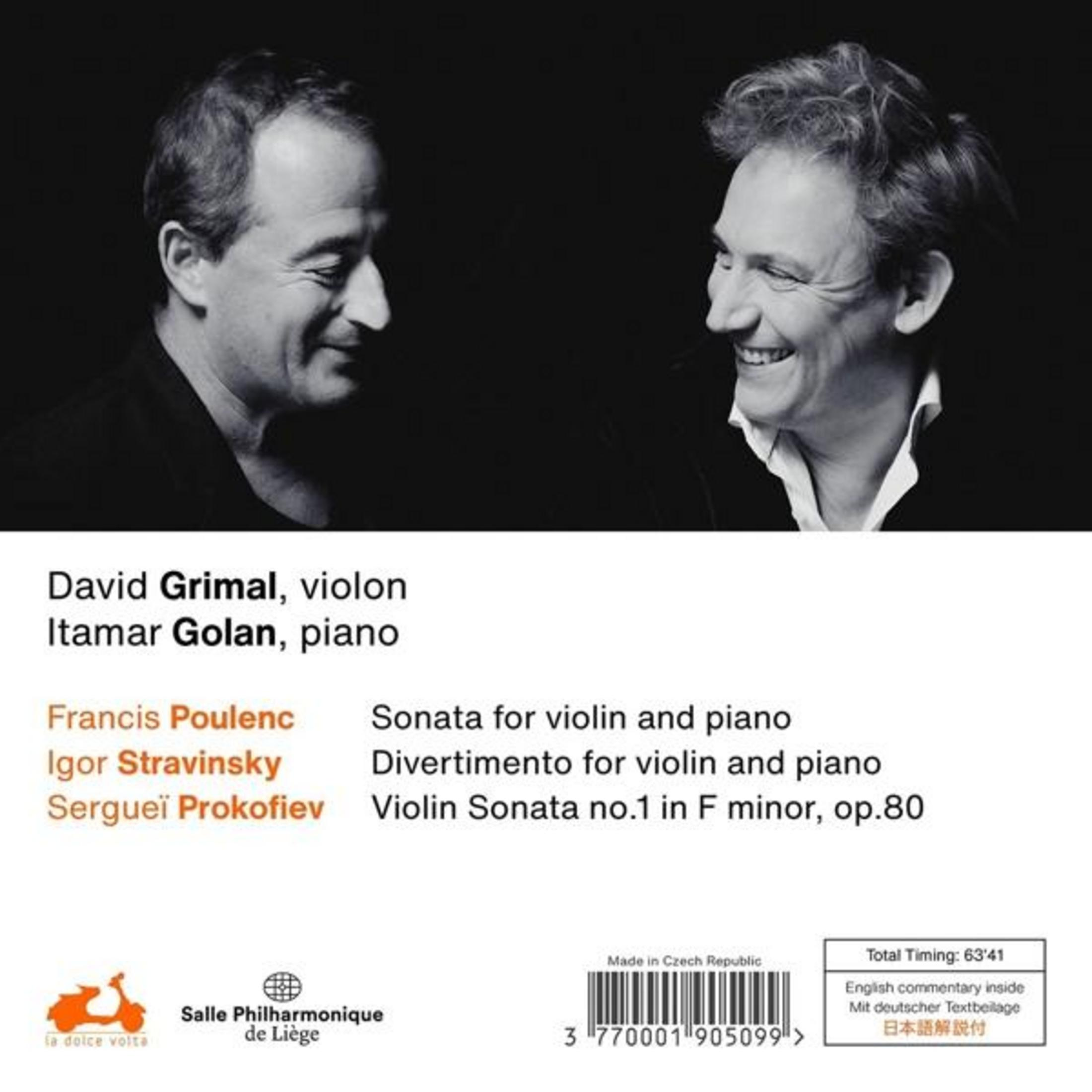 Copertina dell'album. Due uomini uno di fronte all'altro, testo: David Grimal, Itamar Golan, Francis Poulenc.