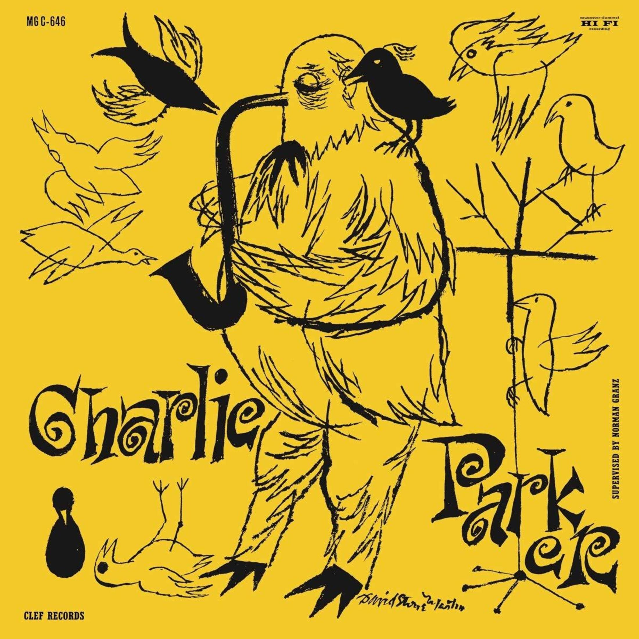 Couverture d'album avec un oiseau de dessin animé avec un saxophone.