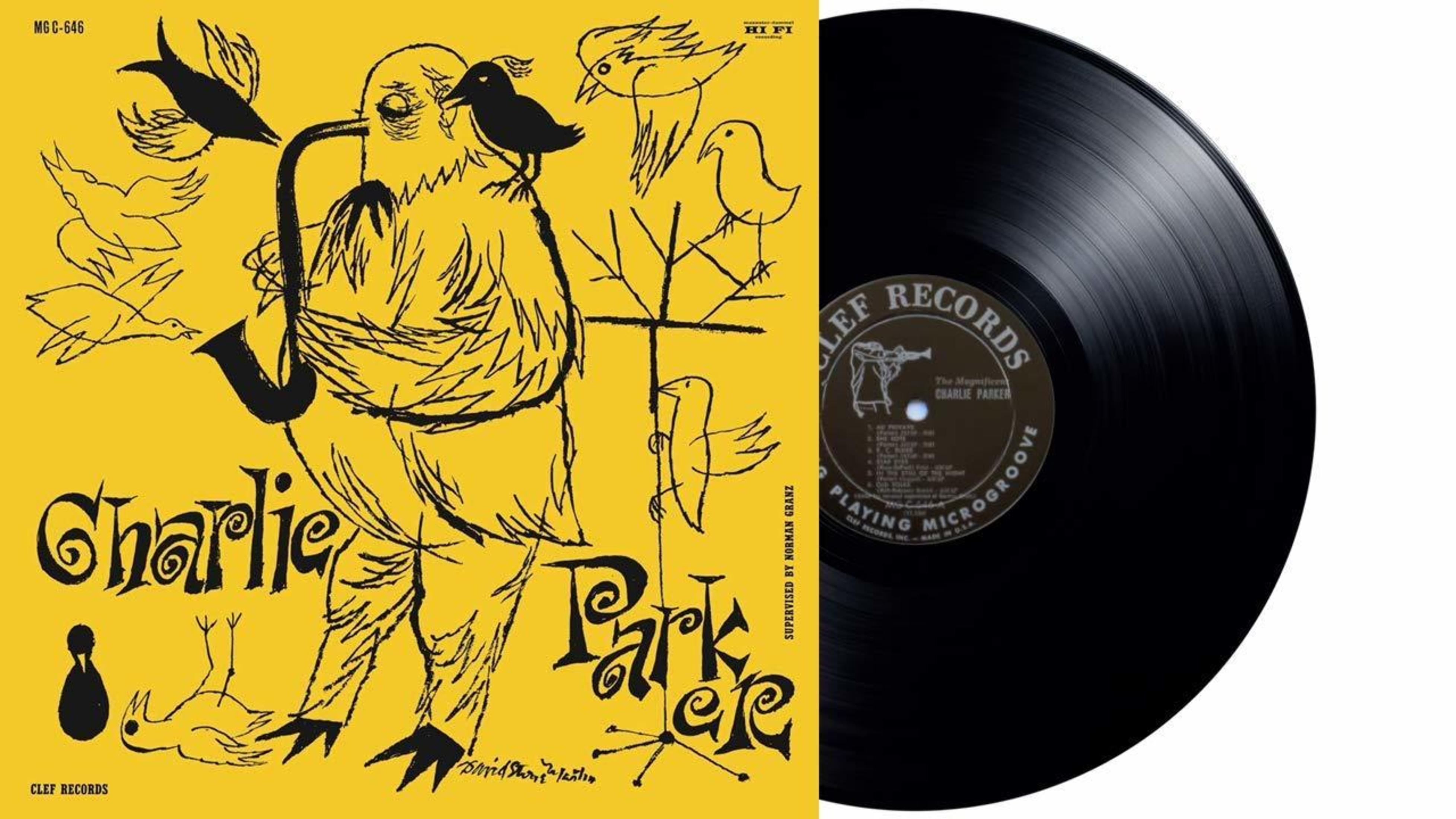 Pochette d'album, fond jaune, dessin animé de Charlie Parker avec un saxophone. Disque vinyle à droite.