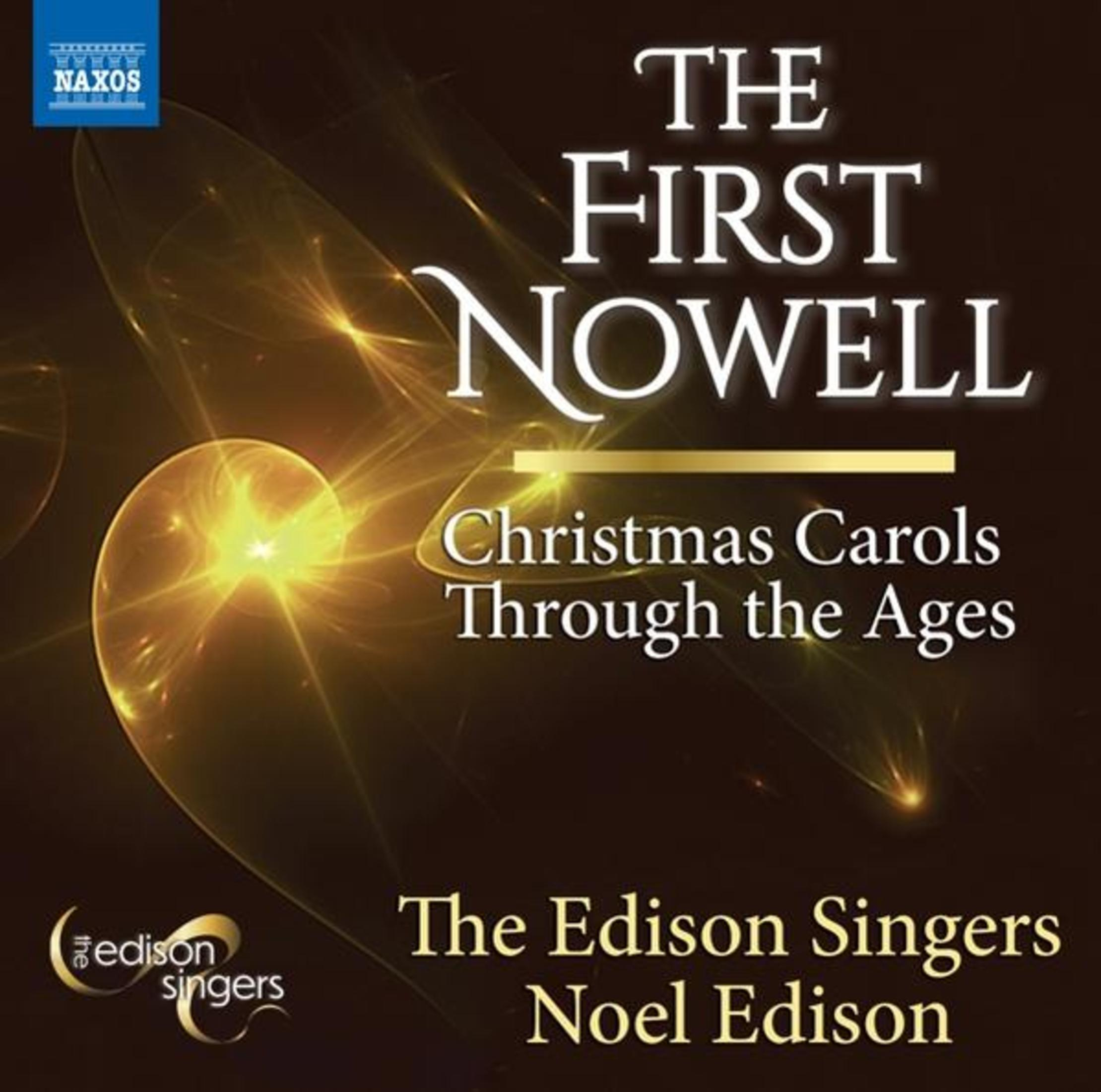 Albumhoes: 'The First Nowell'. Gouden licht stralend, kerstliedtekst en een logo.