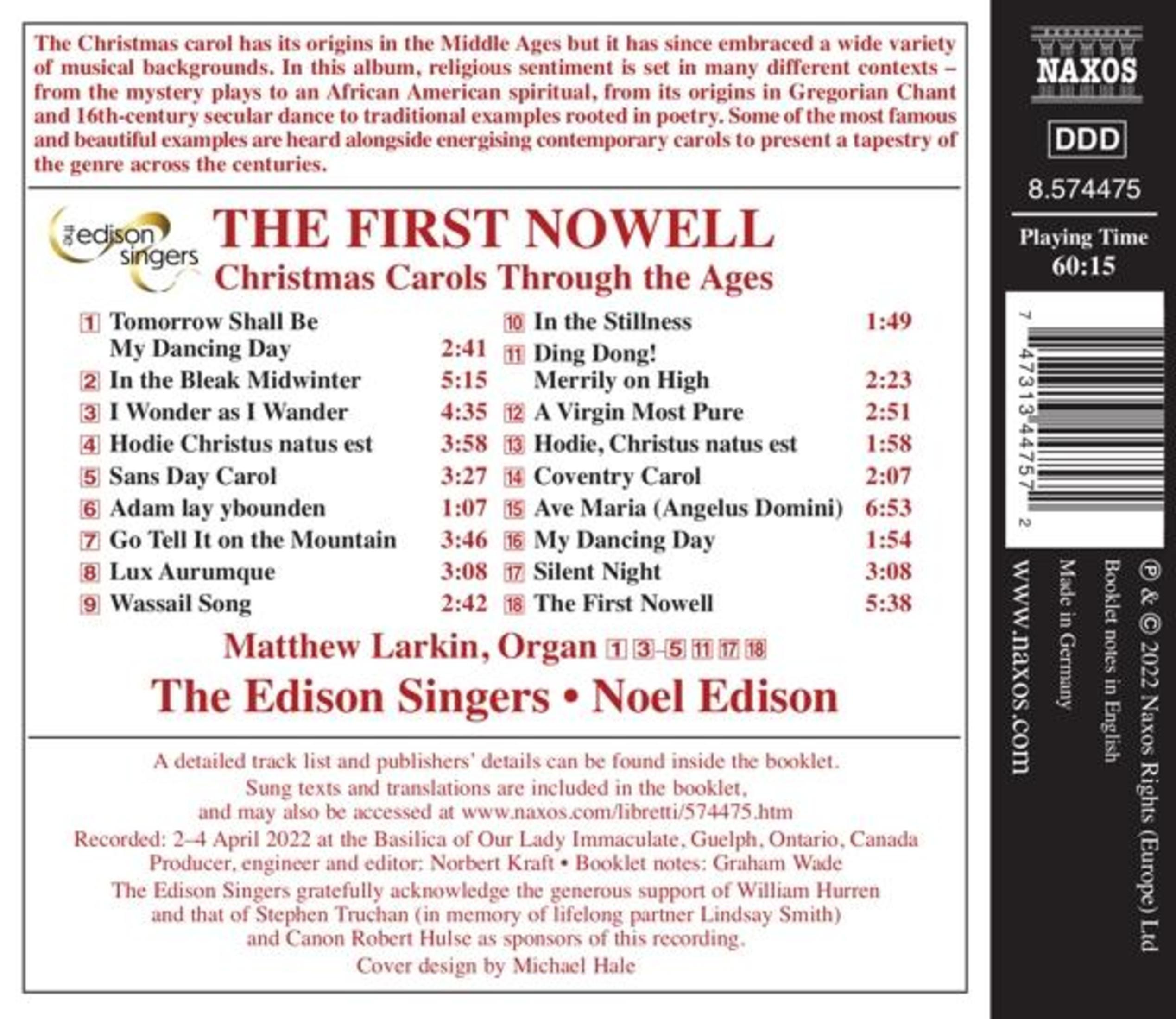 CD-hoes met tracklist en tekst. Titel: 'The First Nowell: Christmas Carols' van The Edison Singers.