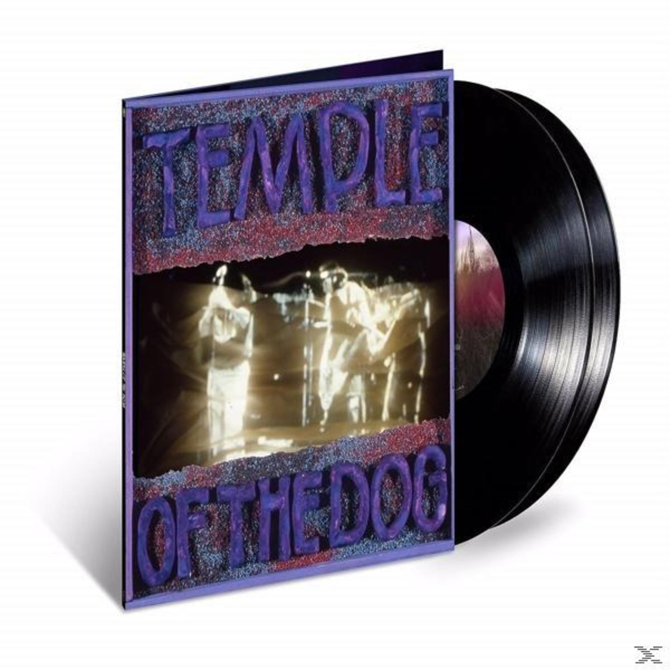 Copertina dell'album Temple of the Dog. Dischi in vinile neri a destra. Design viola e rosso, nome della band davanti.