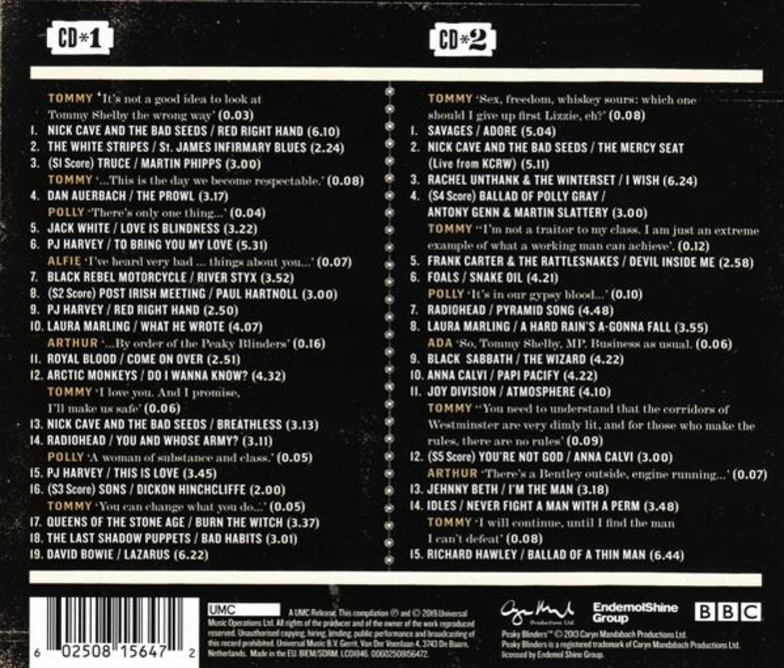 Copertina dell'album con la lista dei brani. L'album è "Peaky Blinders" e ha due CD.
