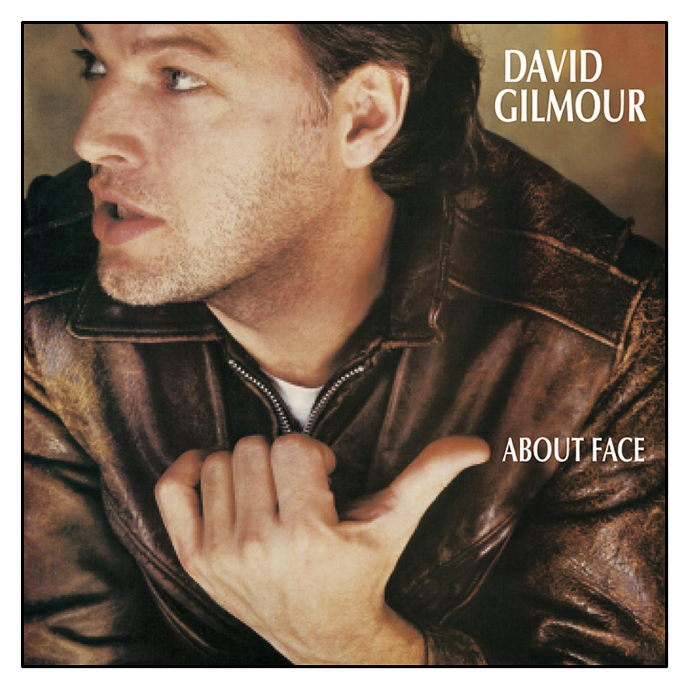 Pochette d'album d'un homme en veste de cuir. Titre : 'About Face' de David Gilmour.