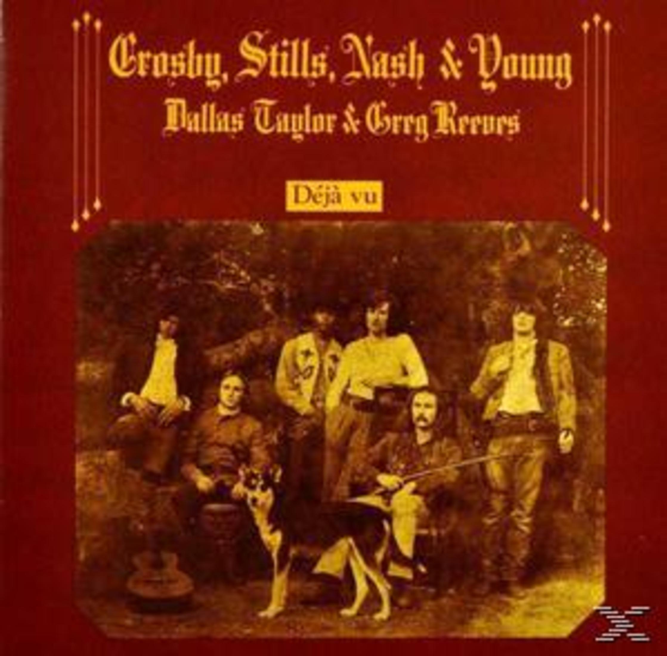 Pochette d'album avec six hommes, chien et guitare, devant un champ, intitulé 'Déjà vu'.