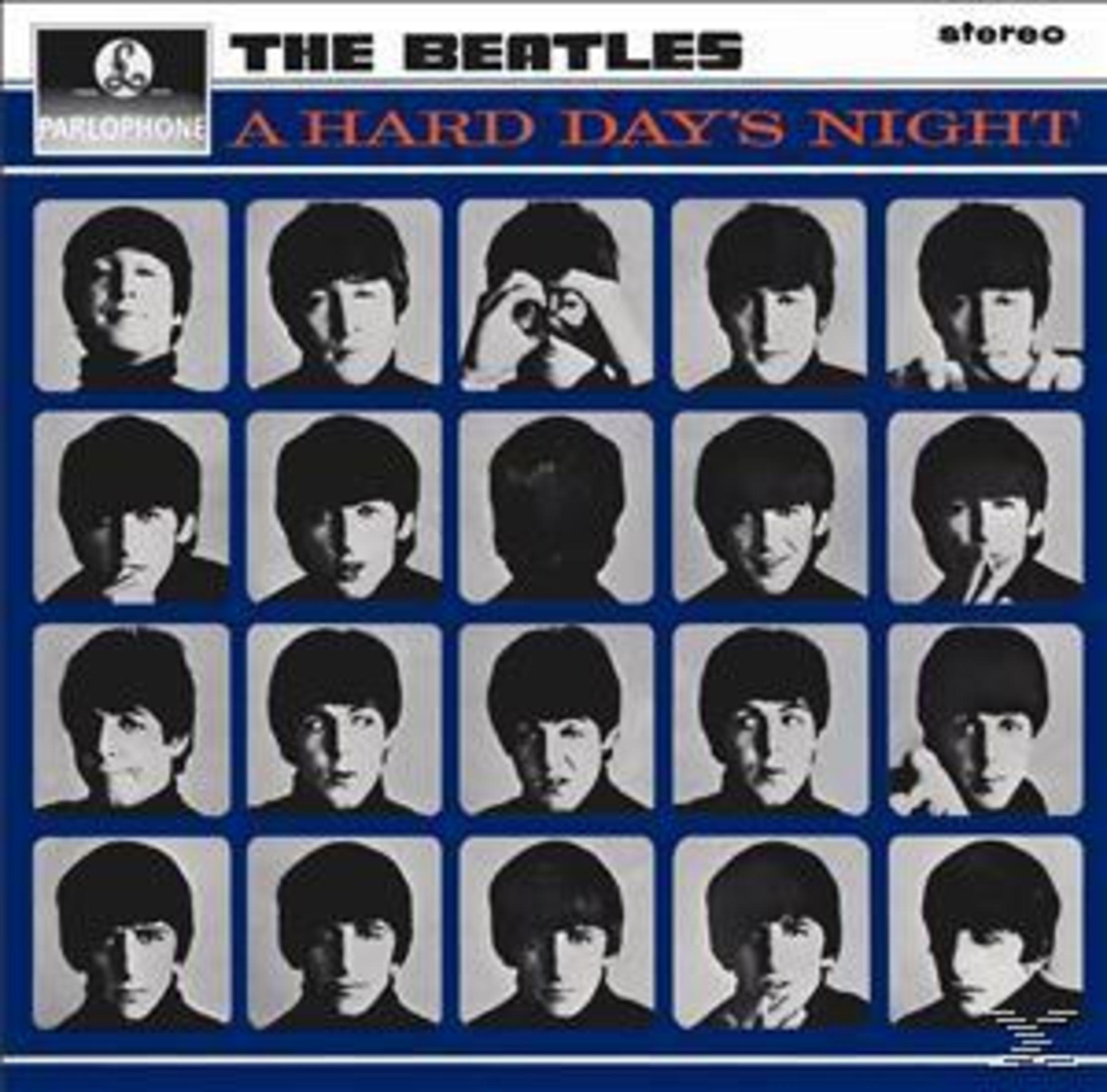 Copertina dell'album con una griglia di immagini di quattro uomini, intitolata 'A Hard Day's Night'.