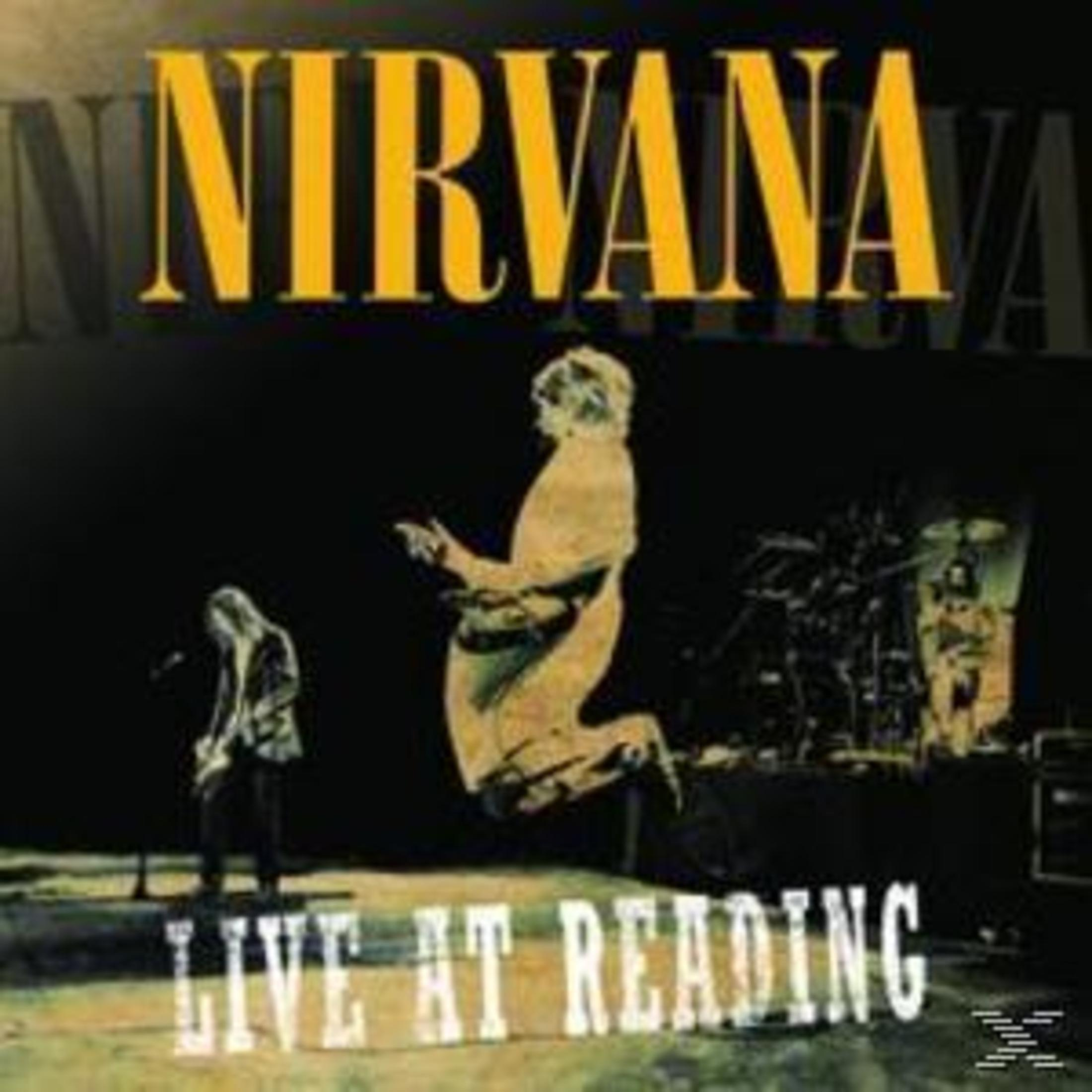 Copertina dell'album Nirvana 'Live at Reading'. Due membri della band sul palco, uno che salta. Testo Nirvana giallo sopra.