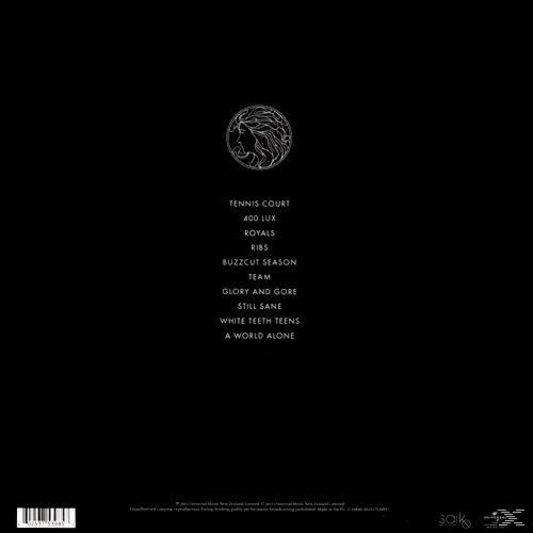 Sfondo nero con testo bianco, tracklist dell'album e logo.