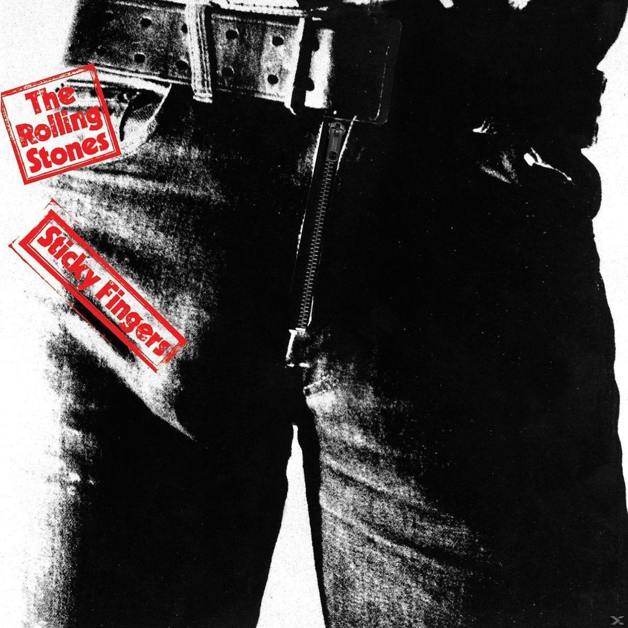 Pochette d'album avec jean, ceinture et fermeture éclair ; logo Rolling Stones et étiquette 'Sticky Fingers'.