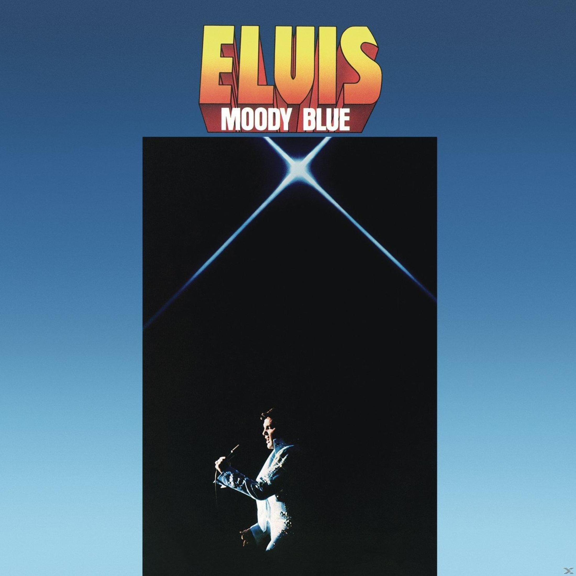 Elvis Moody Blue albumhoes. Elvis' silhouet in het donker met blauwe lichten die elkaar kruisen.