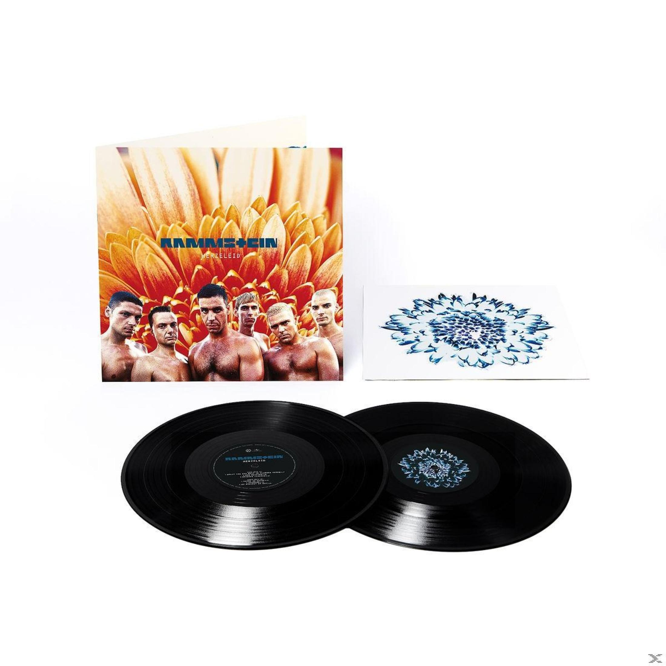 Album dei Rammstein con un fiore e i membri della band, due dischi in vinile nero e una carta.