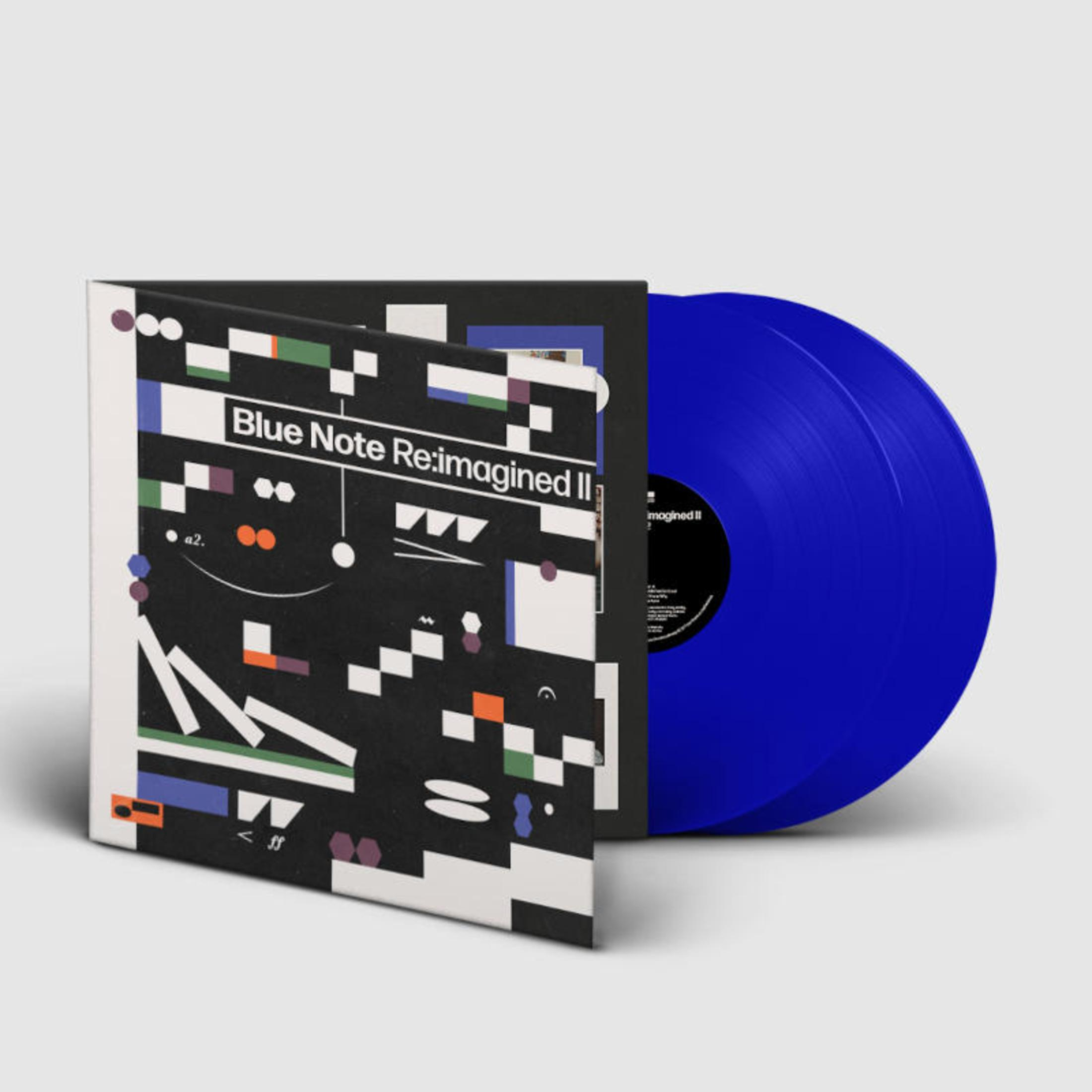 Blauwe vinylplaat, cover art is zwart-wit abstracte vormen.