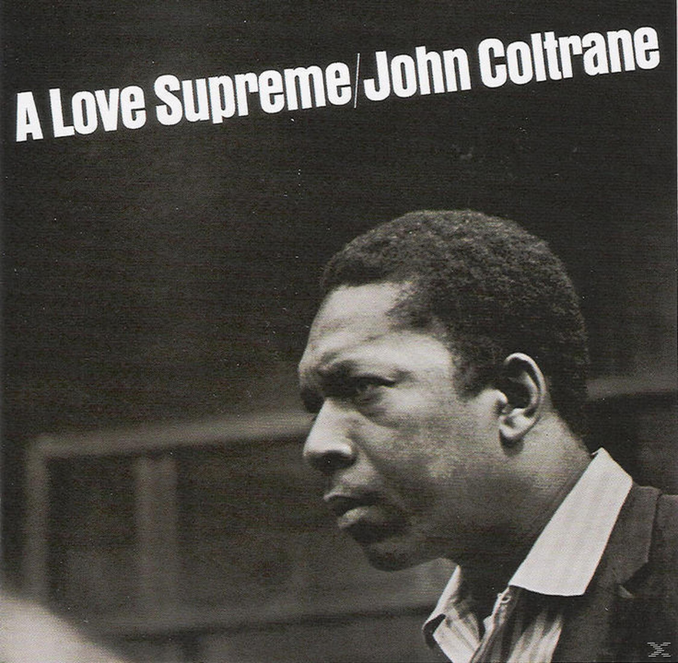 Copertina dell'album 'A Love Supreme' di John Coltrane, un ritratto di profilo in bianco e nero.
