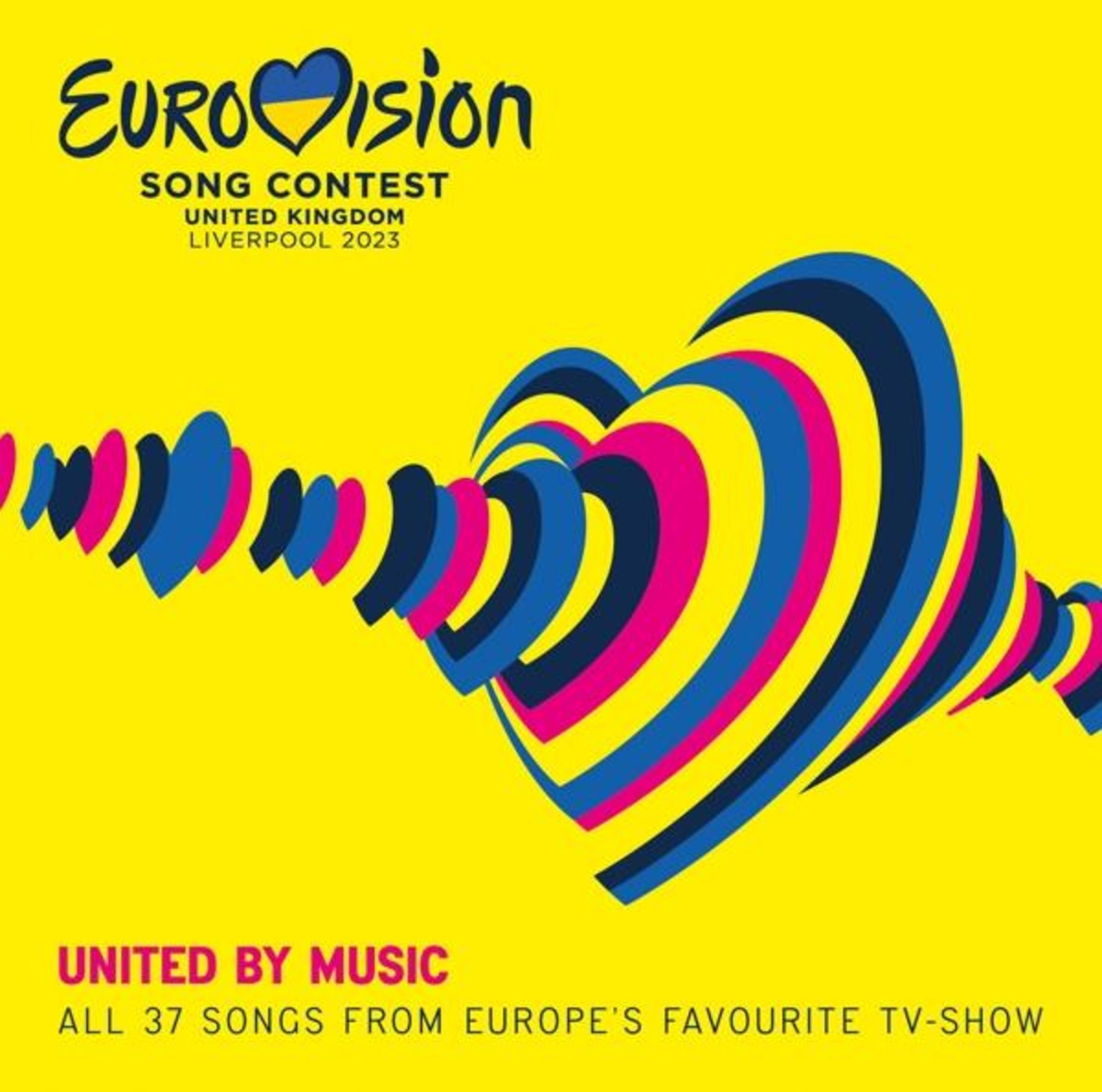 Logo du Concours Eurovision de la chanson 2023 avec un cœur et des lignes courbes colorées sur fond jaune.