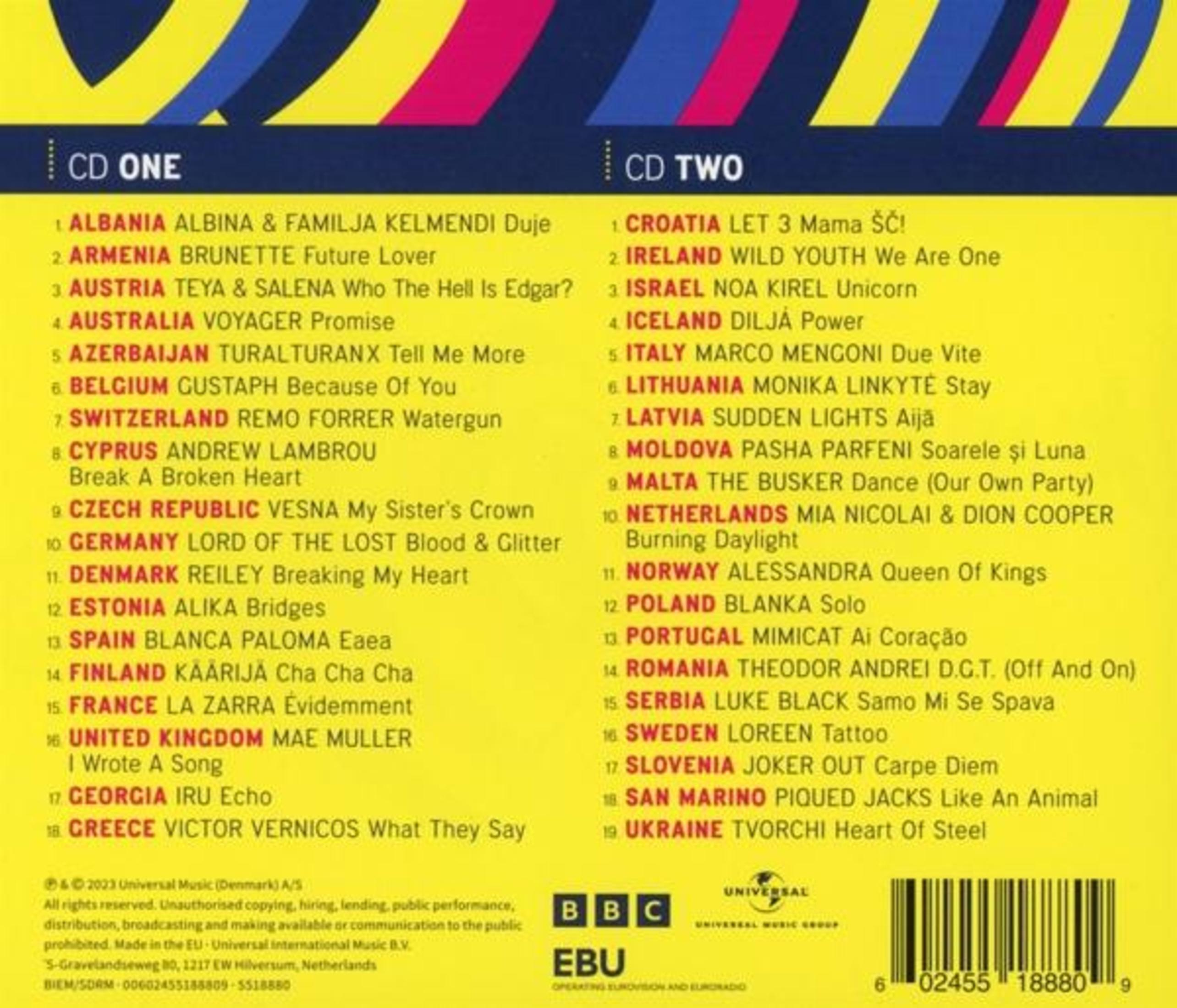 Pochette de CD avec une liste de noms de chansons, un logo de la BBC et le logo de l'UER.