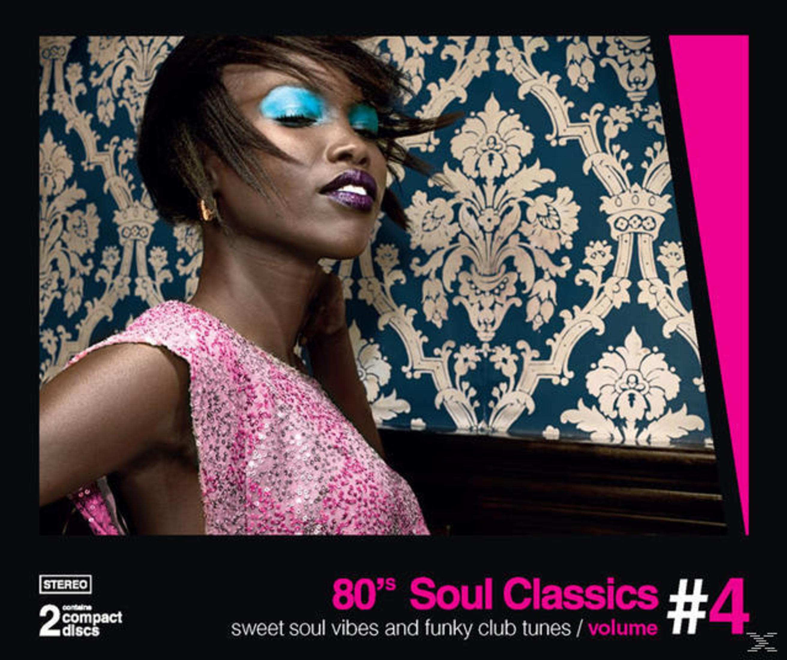 Pochette d'album avec une femme au fard à paupières bleu. Texte et fond roses. 80's Soul Classics.