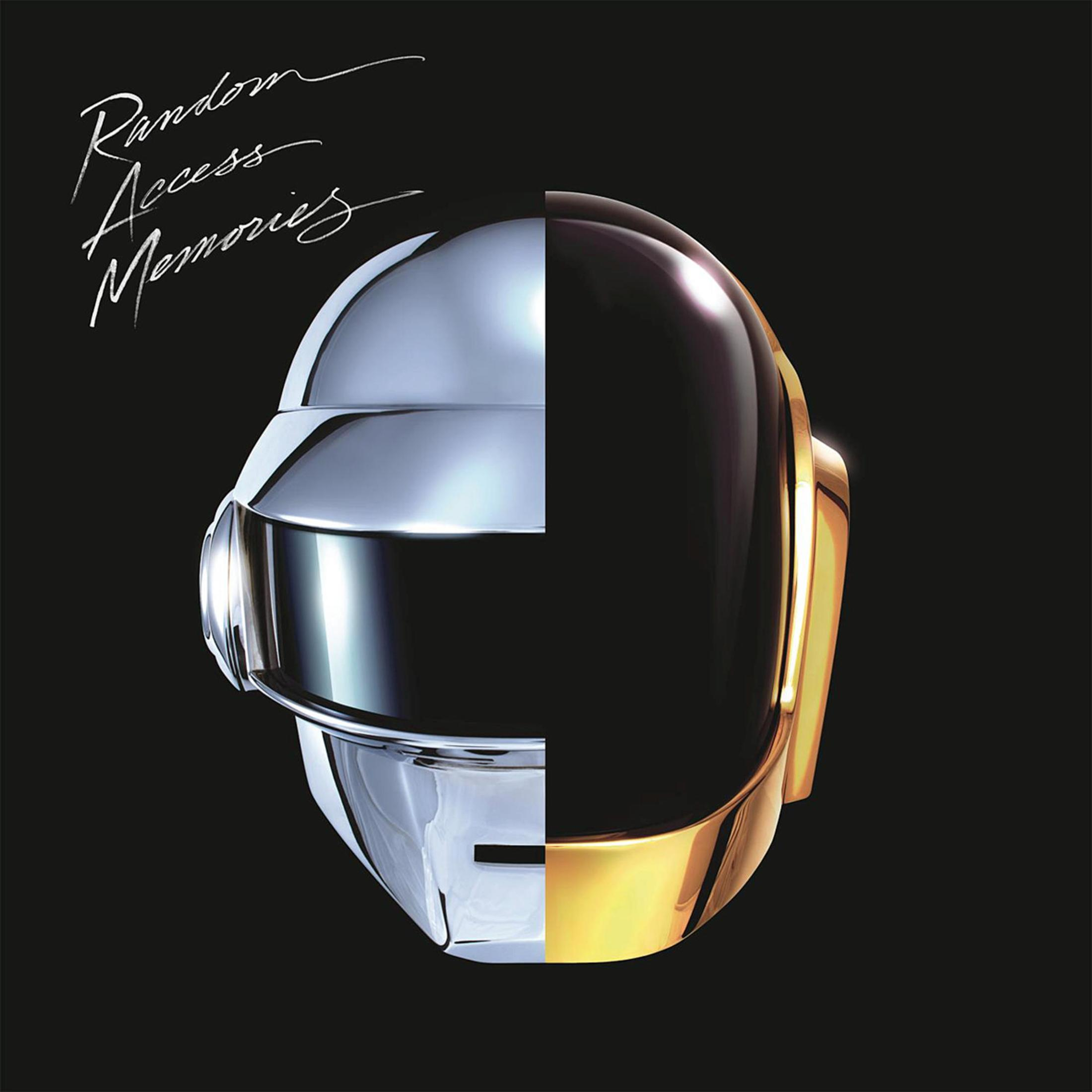 Albumhoes van Daft Punk. Een robothelm verdeeld in zilver en goud, op zwarte achtergrond.