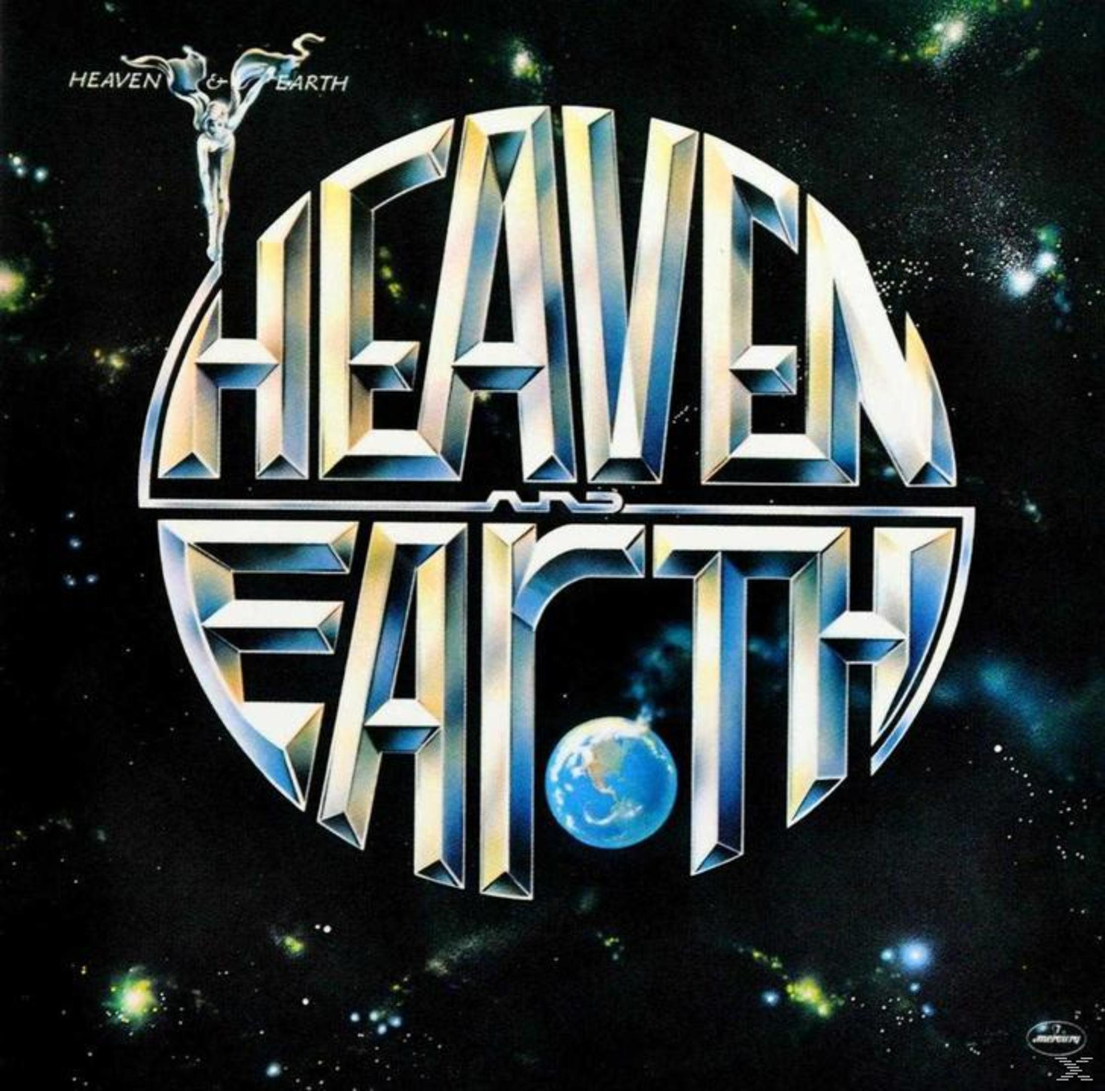 Pochette d'album avec "Heaven & Earth" en grandes lettres. Une figure monte en haut. Étoiles en arrière-plan.
