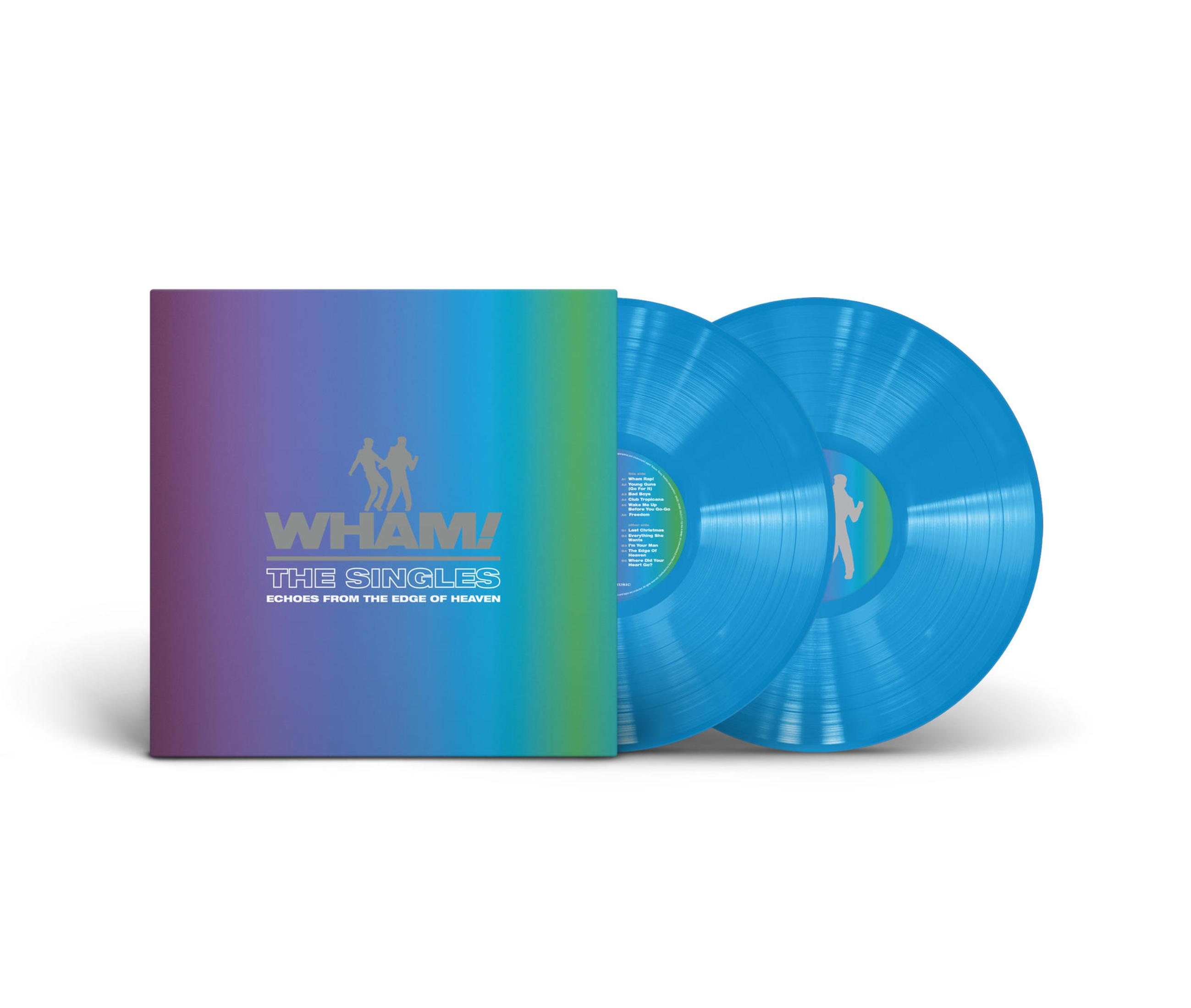 Albumcover: Wham! 'The Singles'. Twee blauwe vinylplaten in een vierkante gradiëntcase.