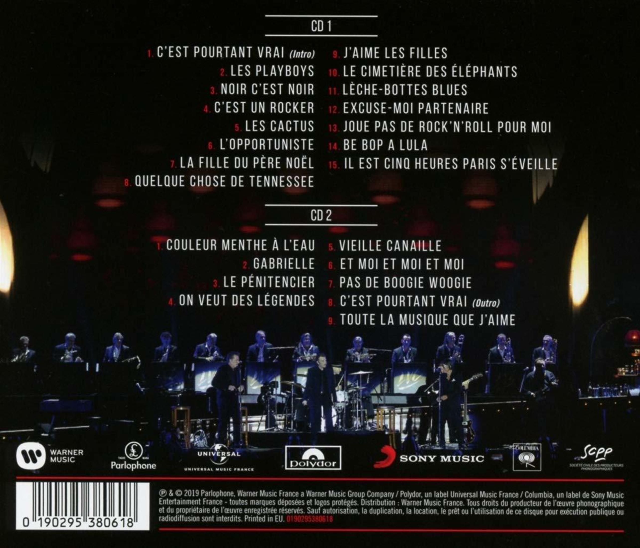 Achterkant van een cd met tracklist en credits. Een groep muzikanten op het podium.