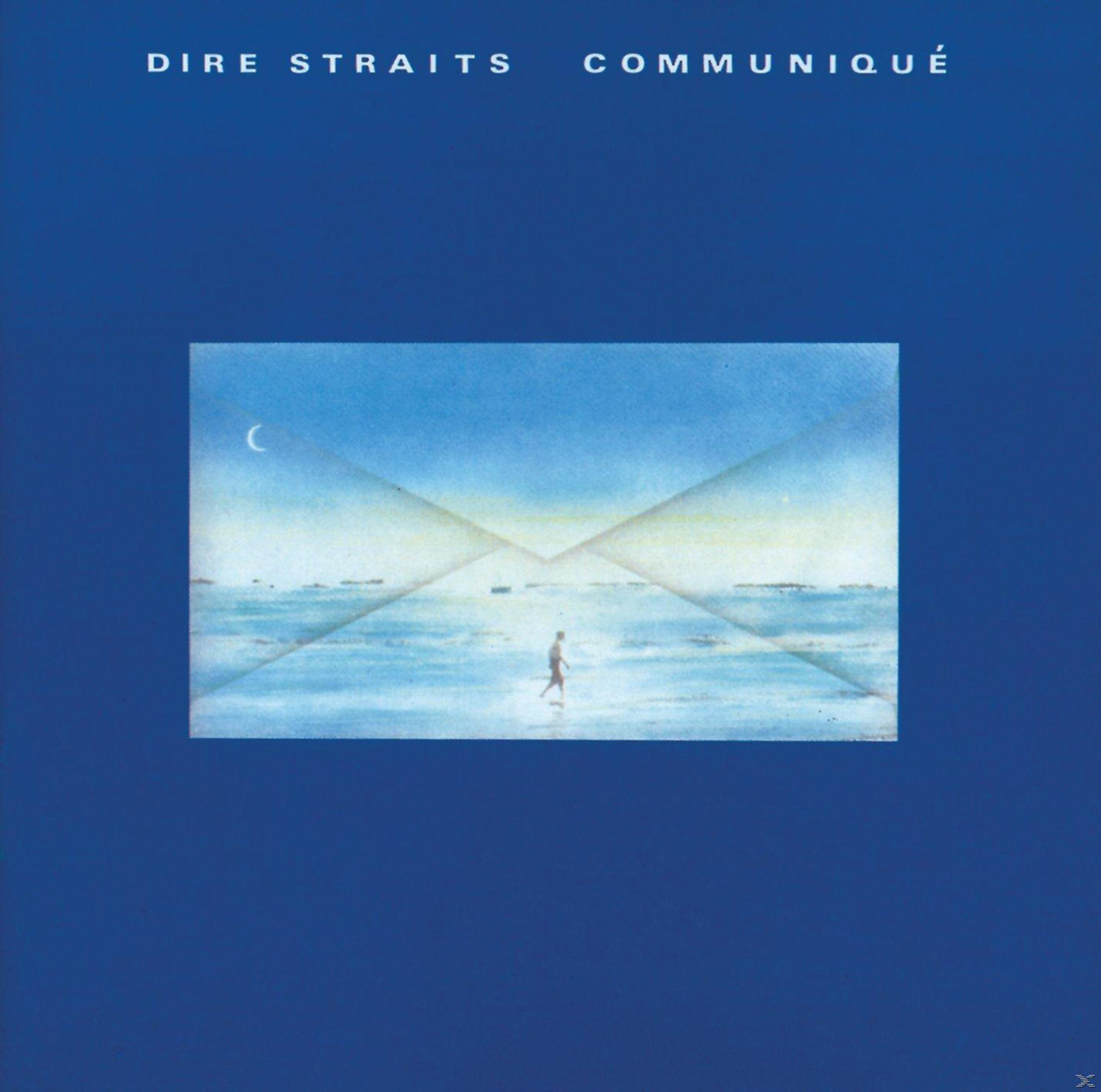 Copertina dell'album Dire Straits. Uomo che cammina sull'acqua, con cielo blu e una busta bianca.