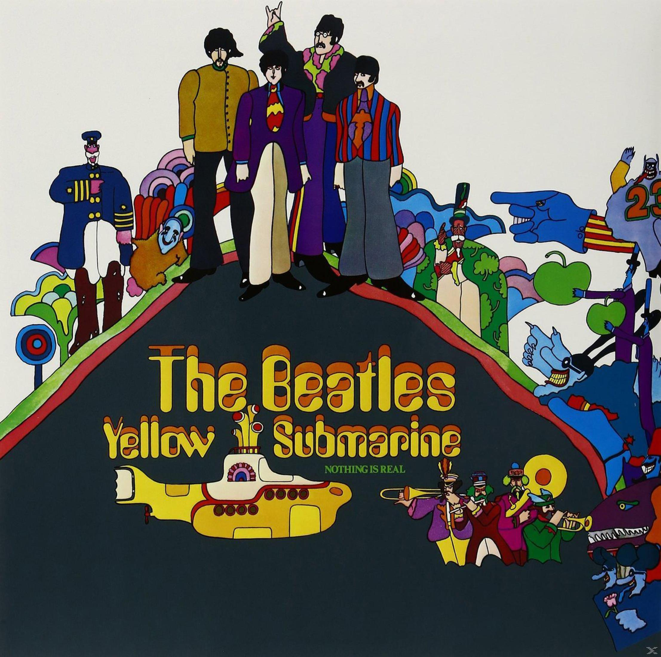 Copertina dell'album con personaggi dei cartoni animati, un sottomarino giallo e testo.