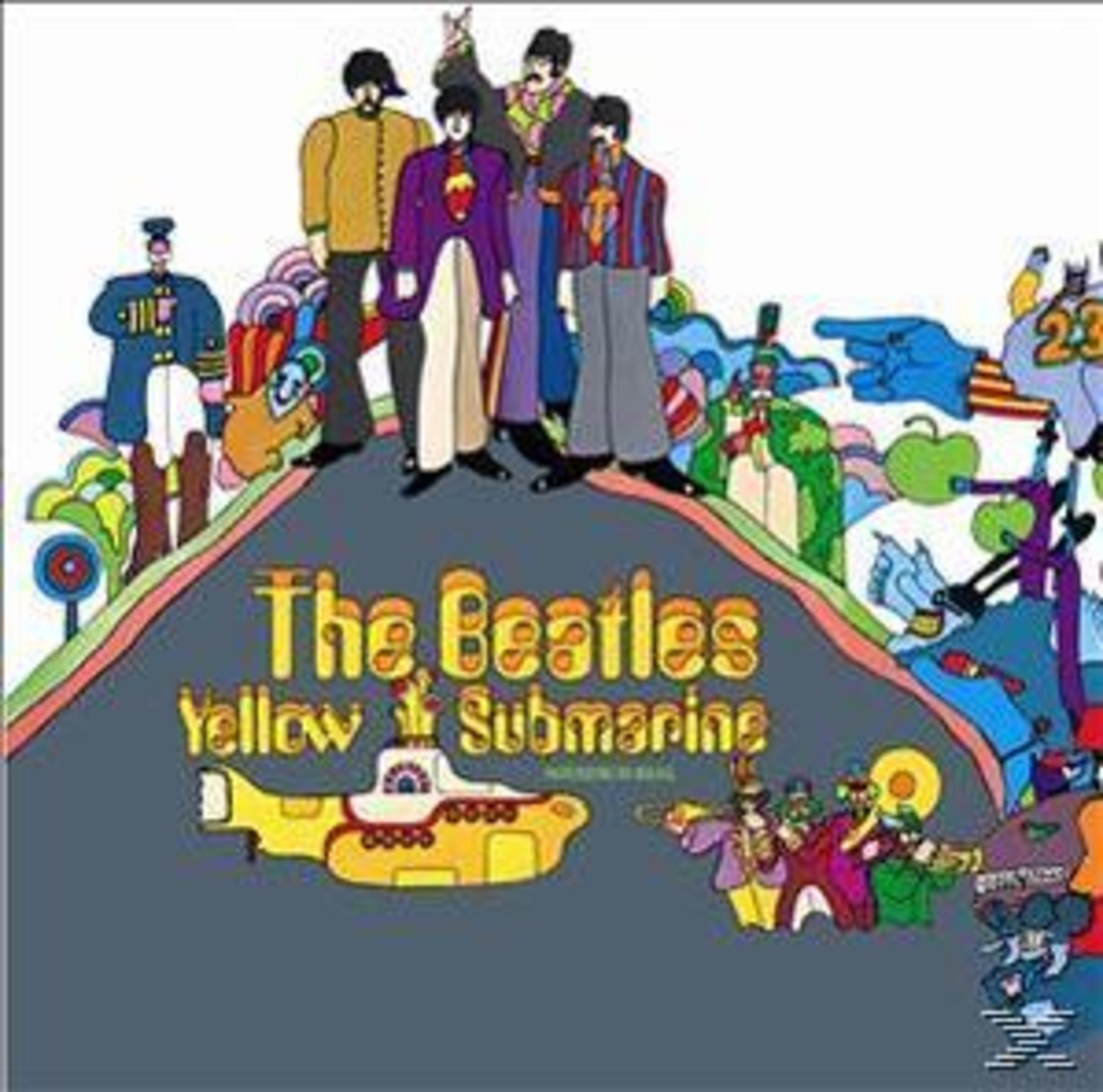 La copertina animata dei Beatles per Yellow Submarine, con i membri della band e un sottomarino giallo.