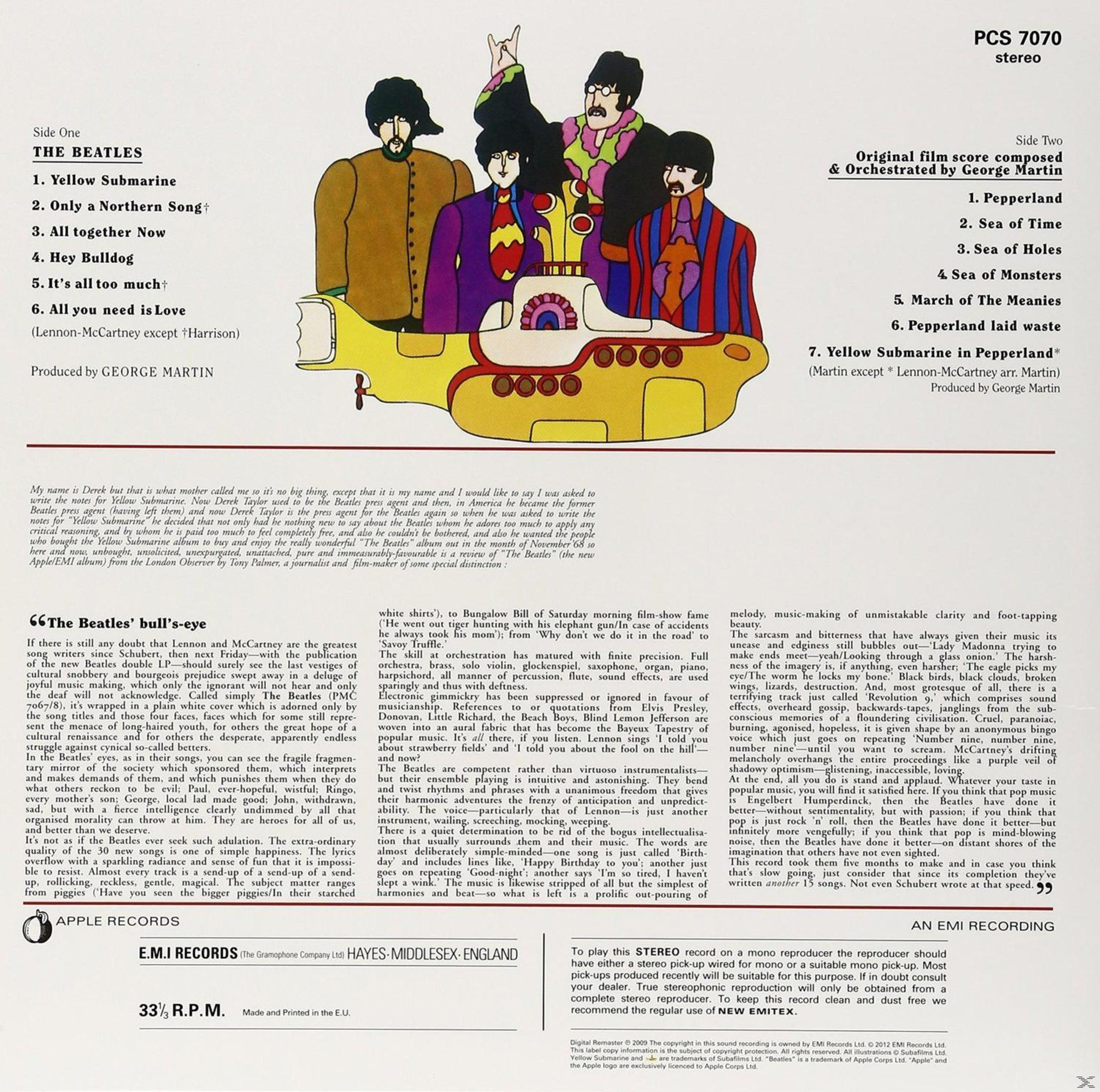 La copertina posteriore dell'album dei Beatles 'Yellow Submarine'. Testi, note e una grafica di un sottomarino giallo sono visualizzati.