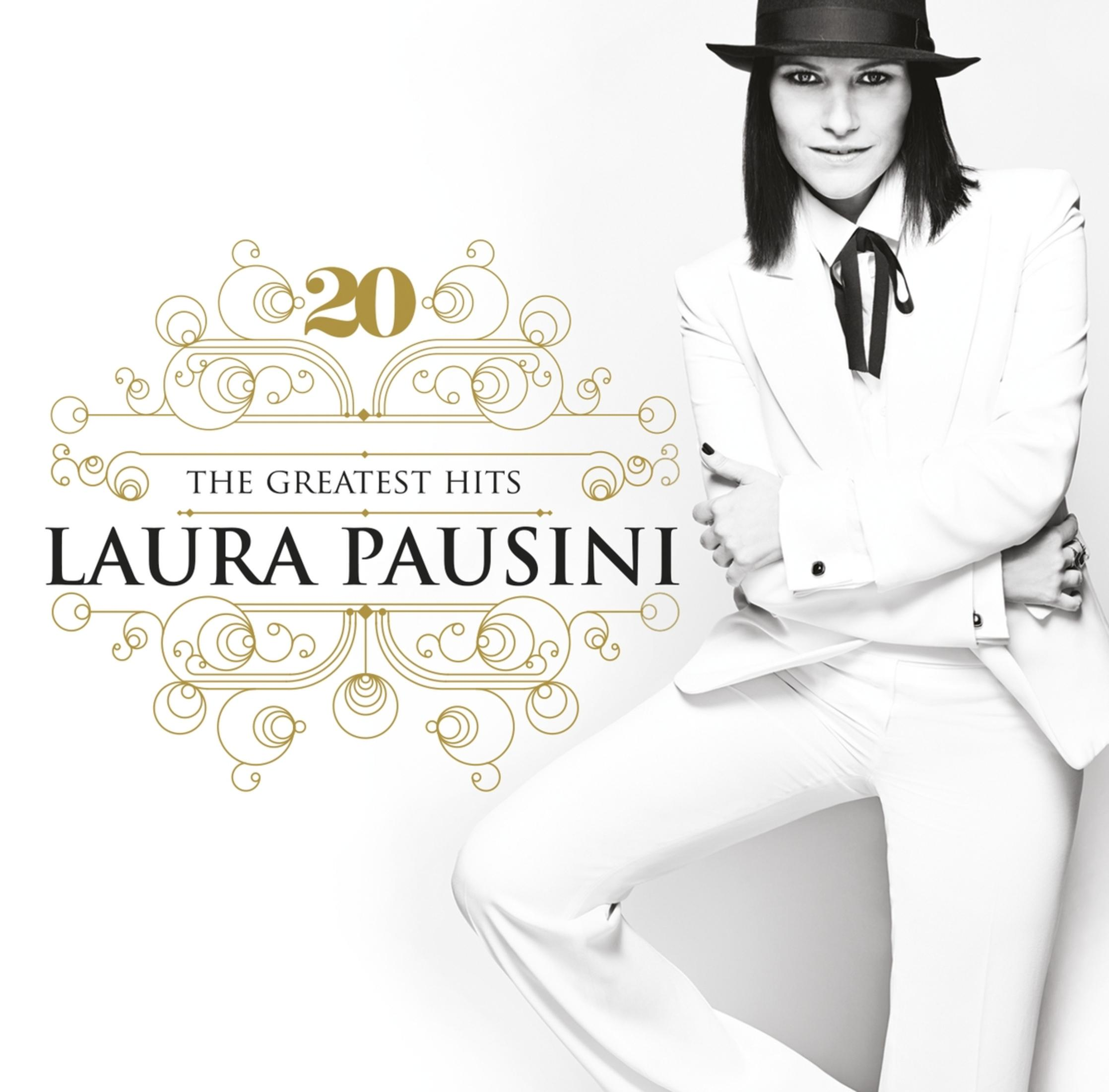 Copertina dell'album di Laura Pausini. Donna in abito bianco, dettagli oro e testo.