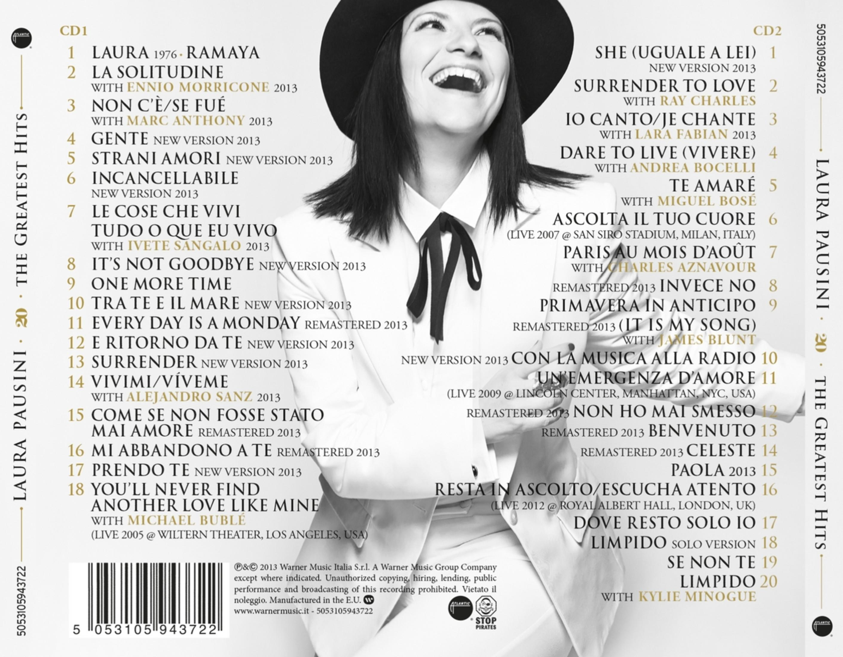 Copertina dell'album con la cantante Laura Pausini. Il testo elenca le tracce dell'album e i crediti.